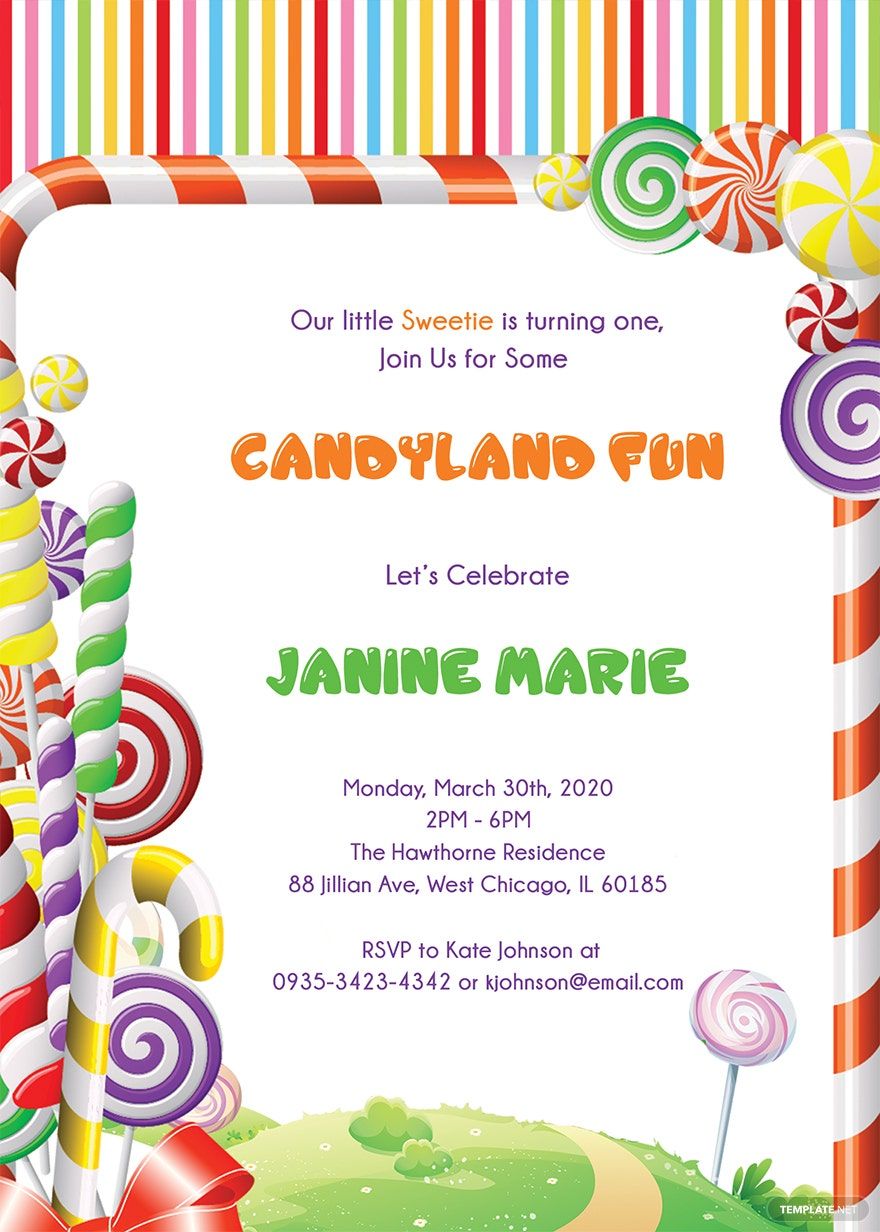 Sample Candyland Birthday Invitation Template in Word, Google Docs, Illustrator, PSD, Apple Pages, Publisher, InDesign