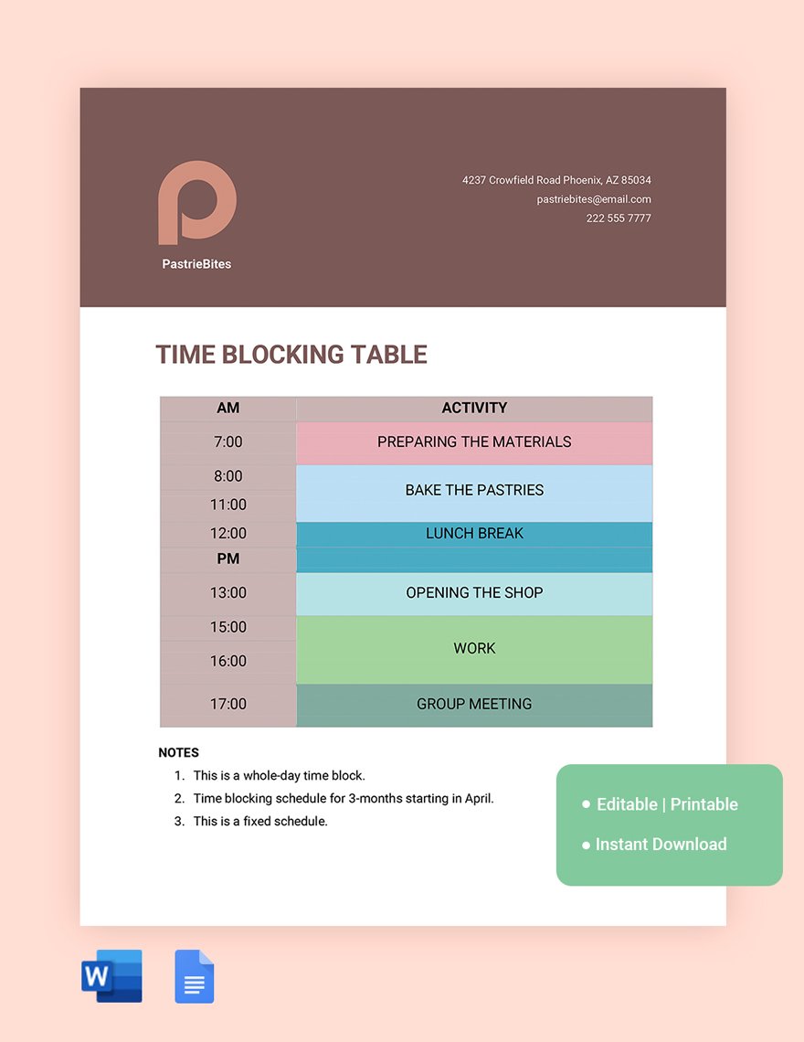 3 Month Time Blocking Template in Word, Google Docs