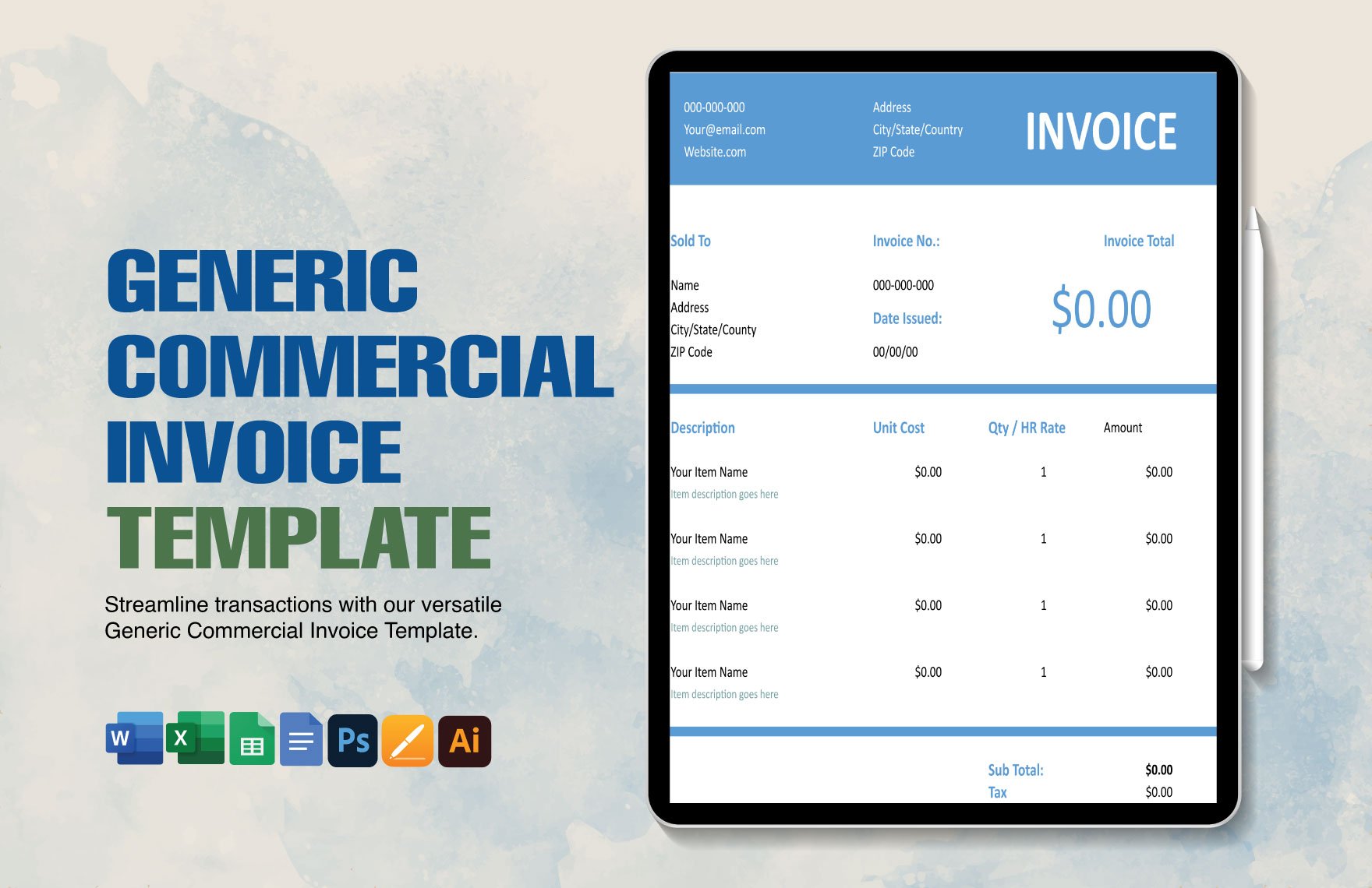 Generic Commercial Invoice Template in Word, Google Docs, Excel, Google Sheets, Illustrator, PSD, Apple Pages