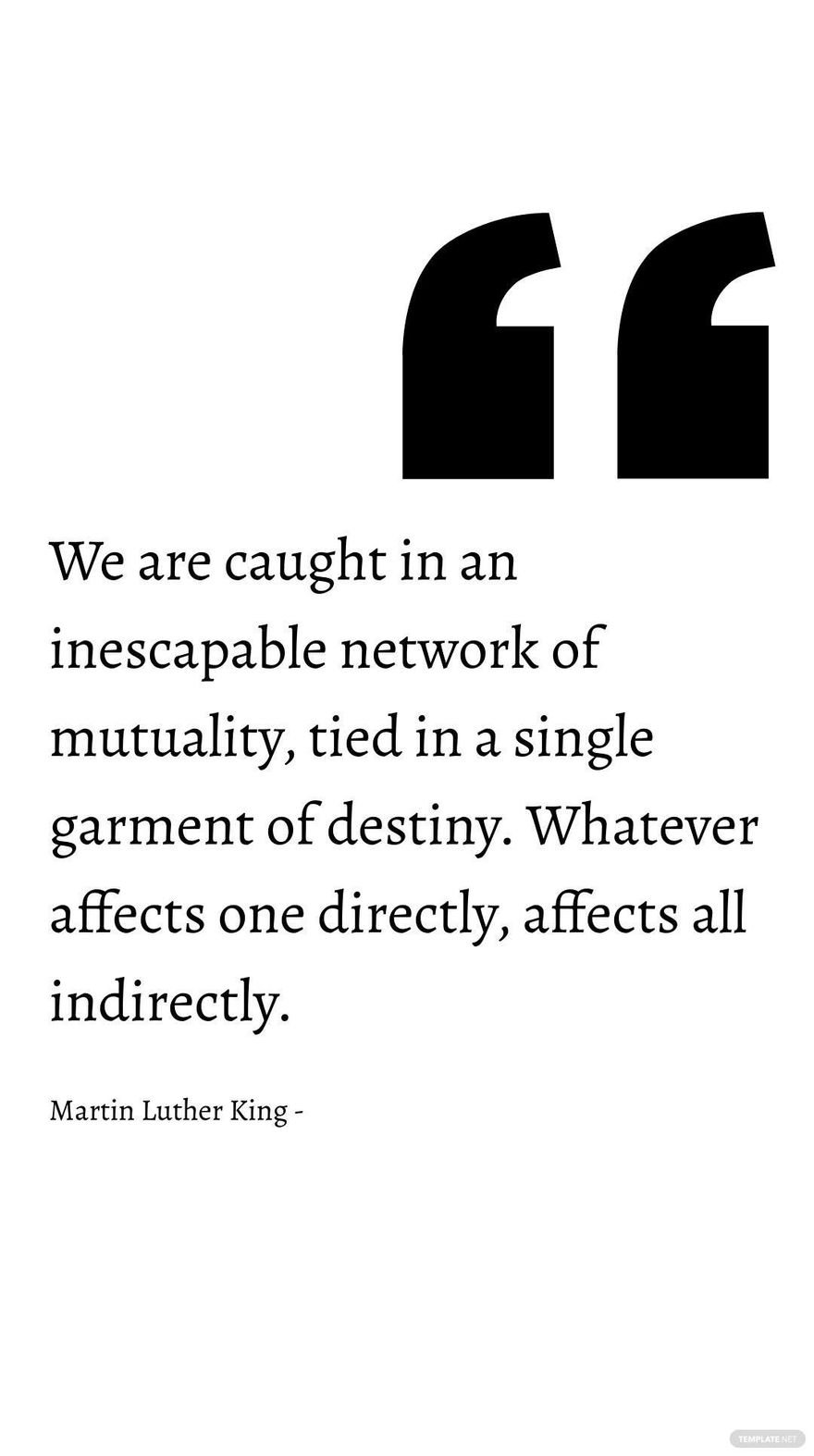 Martin Luther King - We are caught in an inescapable network of mutuality, tied in a single garment of destiny. Whatever affects one directly, affects all indirectly.