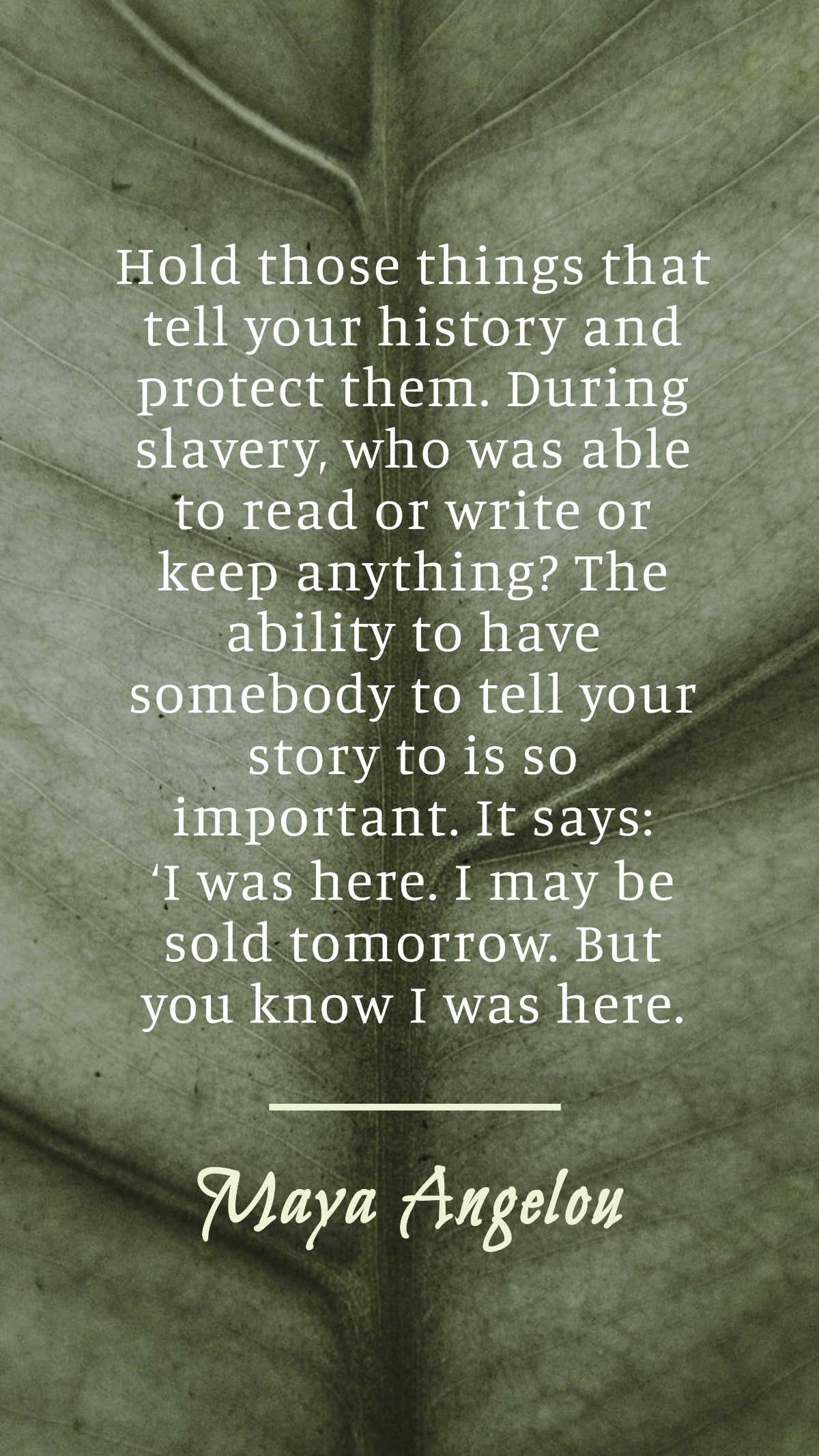 Maya Angelou - Hold those things that tell your history and protect them. During slavery, who was able to read or write or keep anything? The ability to have somebody to tell your story to is so impor