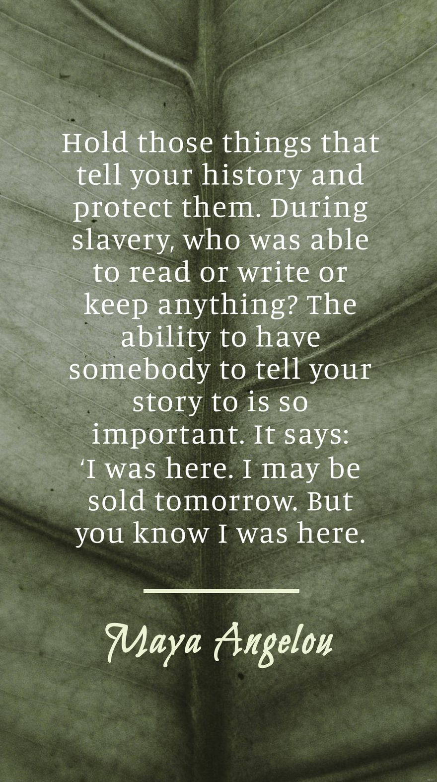 Maya Angelou - Hold those things that tell your history and protect them. During slavery, who was able to read or write or keep anything? The ability to have somebody to tell your story to is so impor