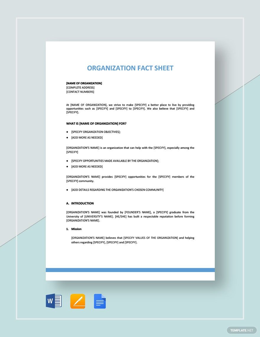 Organization Fact Sheet Template Google Docs, Word, Apple Pages