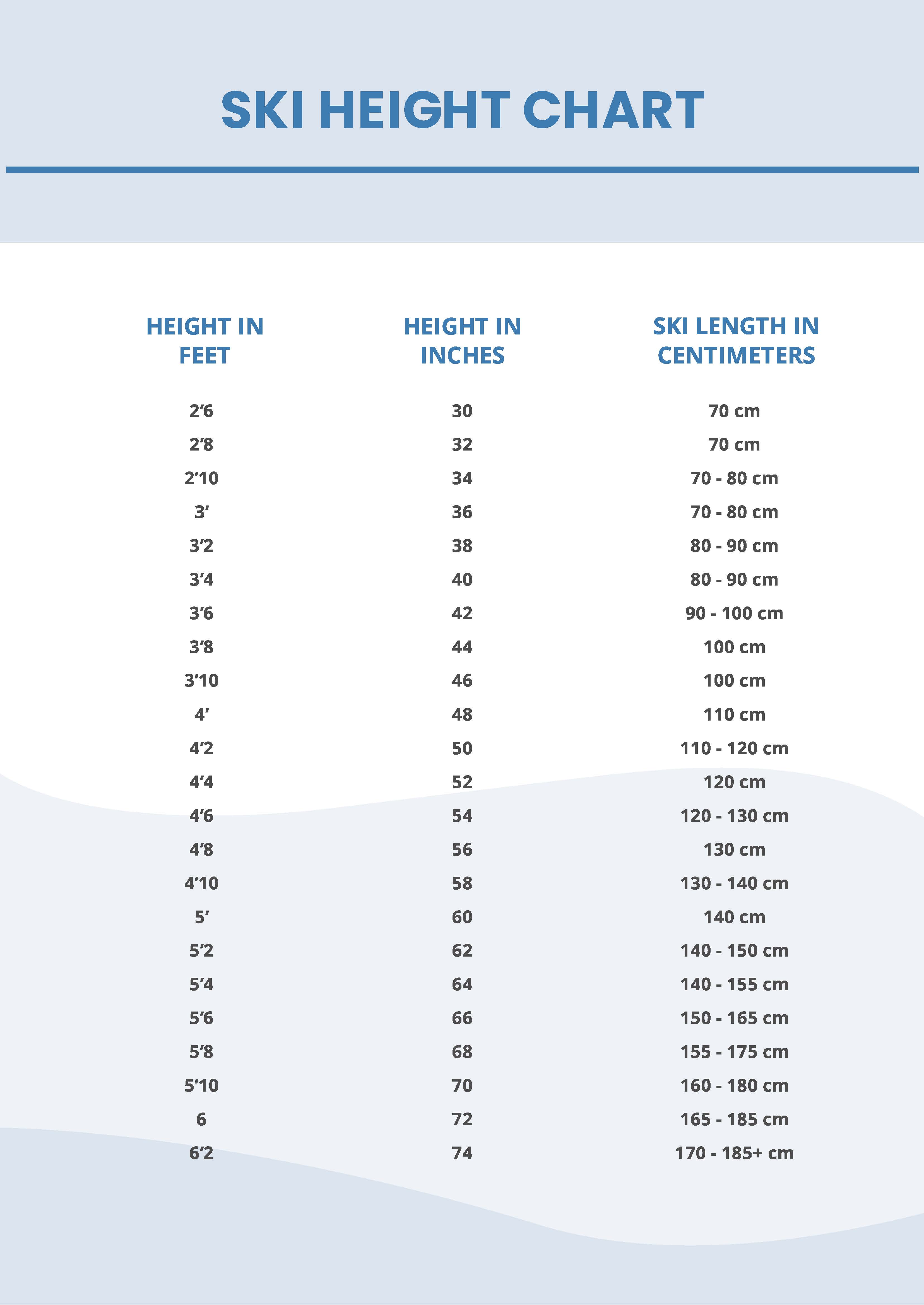 Free Snow Ski Size Chart Download in PDF