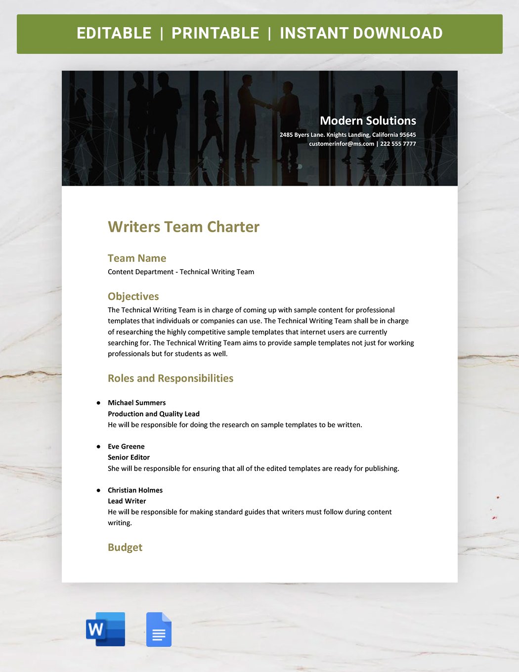 Free Simple Team Charter Template