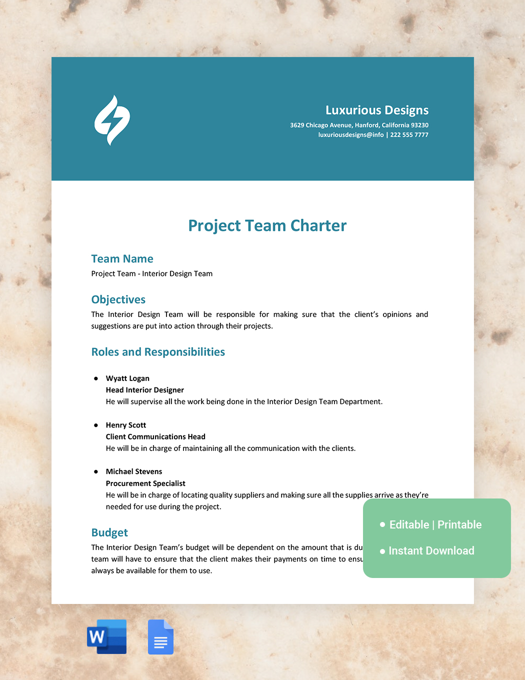 Project Team Charter Template in Word, Google Docs