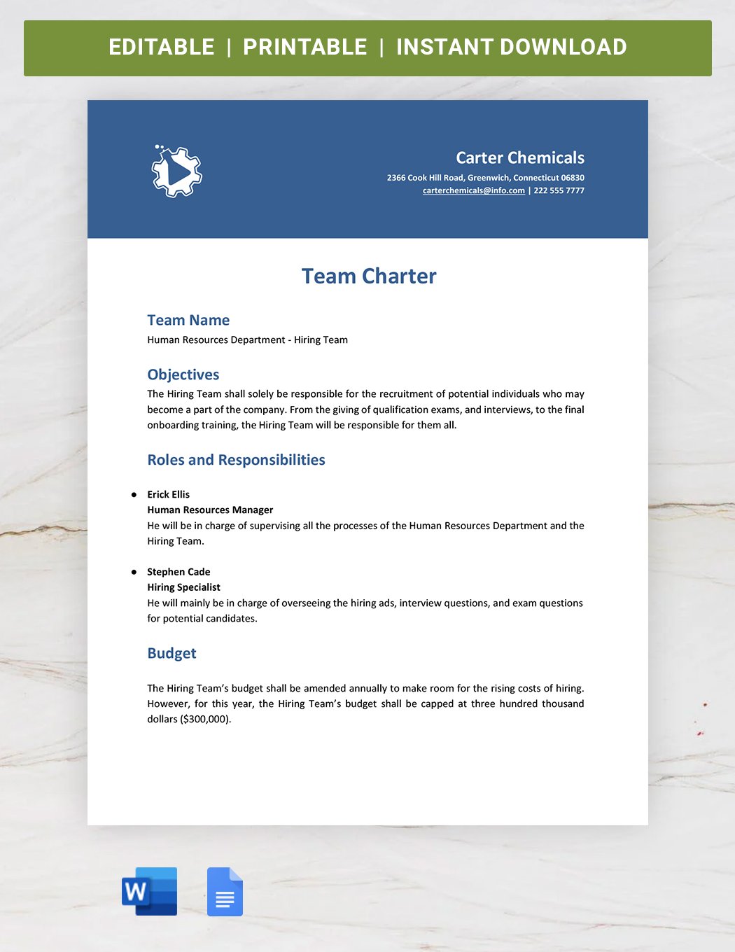 Business Team Charter Template