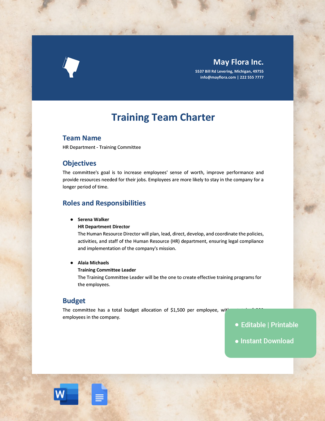 Training Team Charter Template in Word, Google Docs