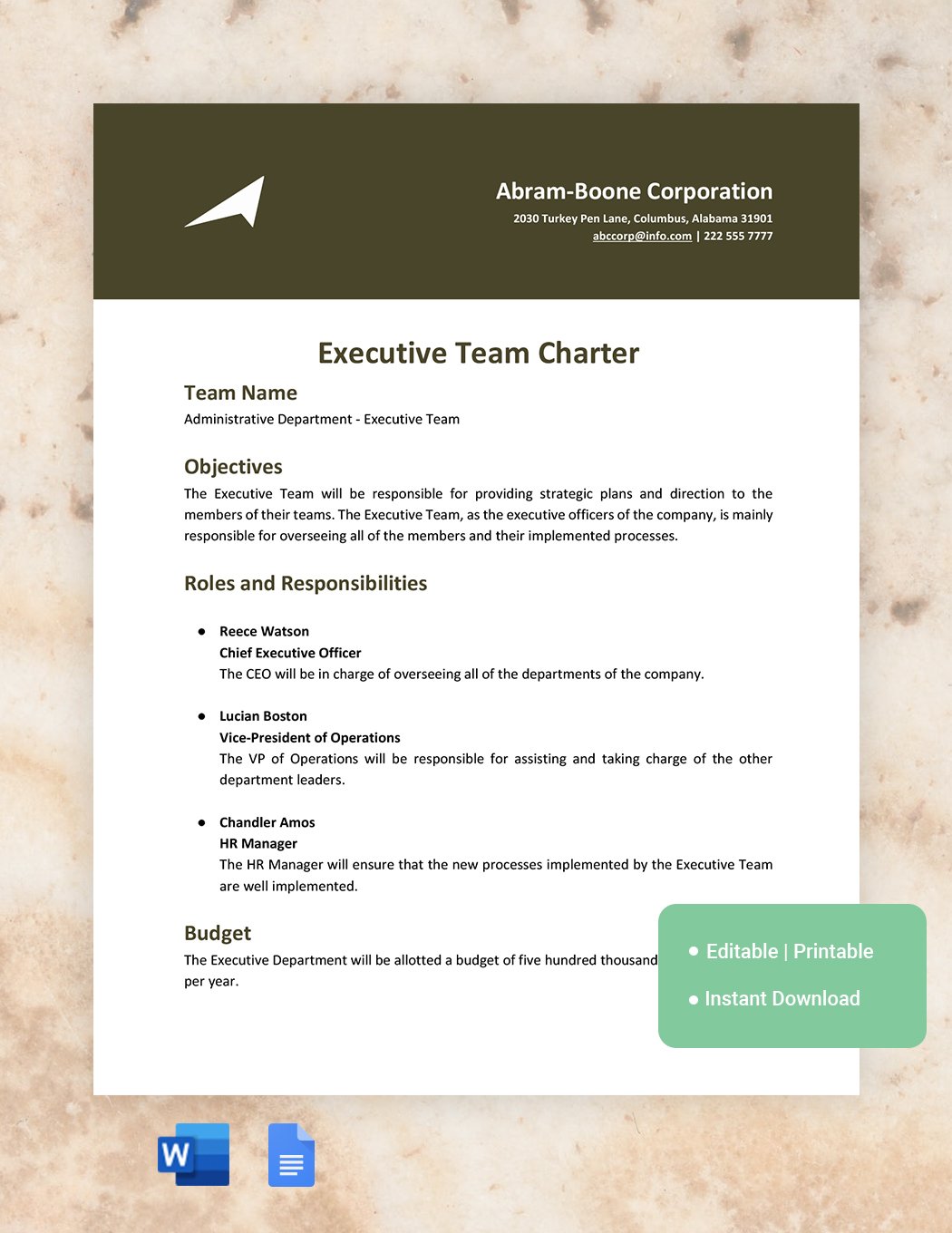 Executive Team Charter Template