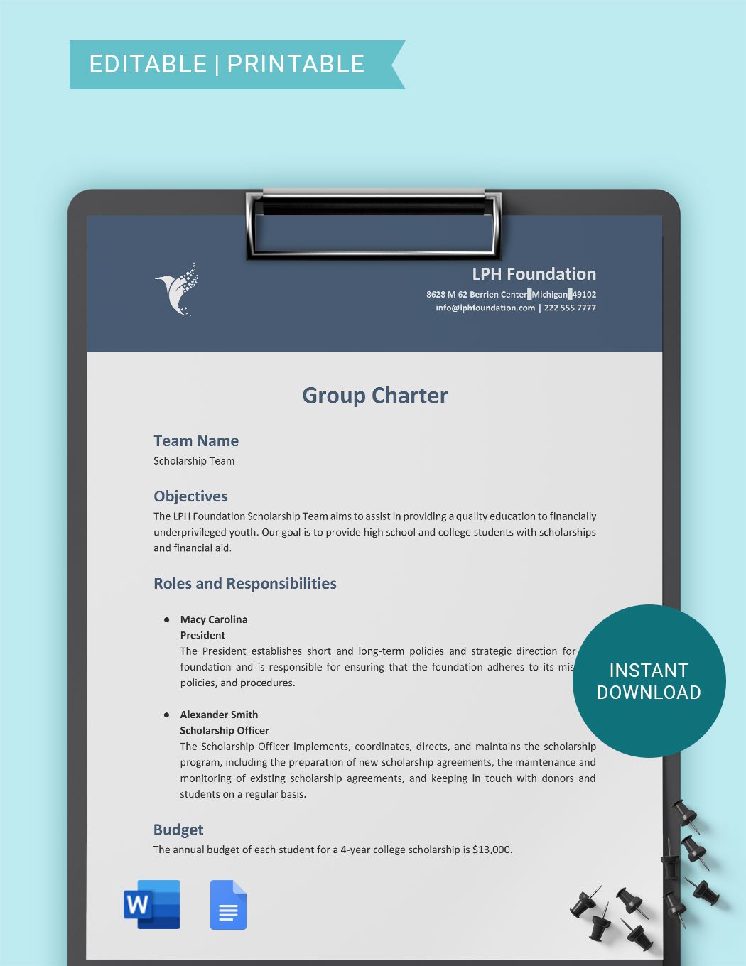 Group Charter Template in Word, Google Docs