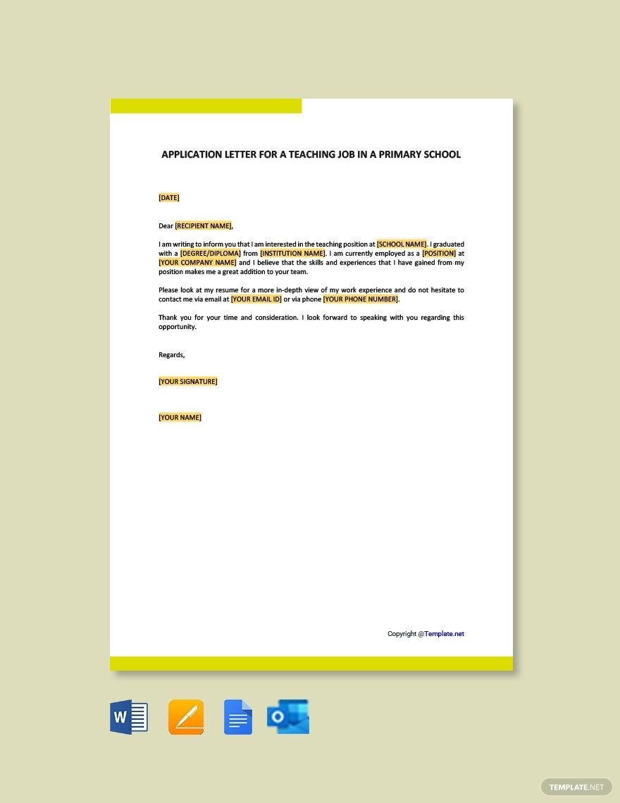 Application Letter for a Primary School Teaching Job Template