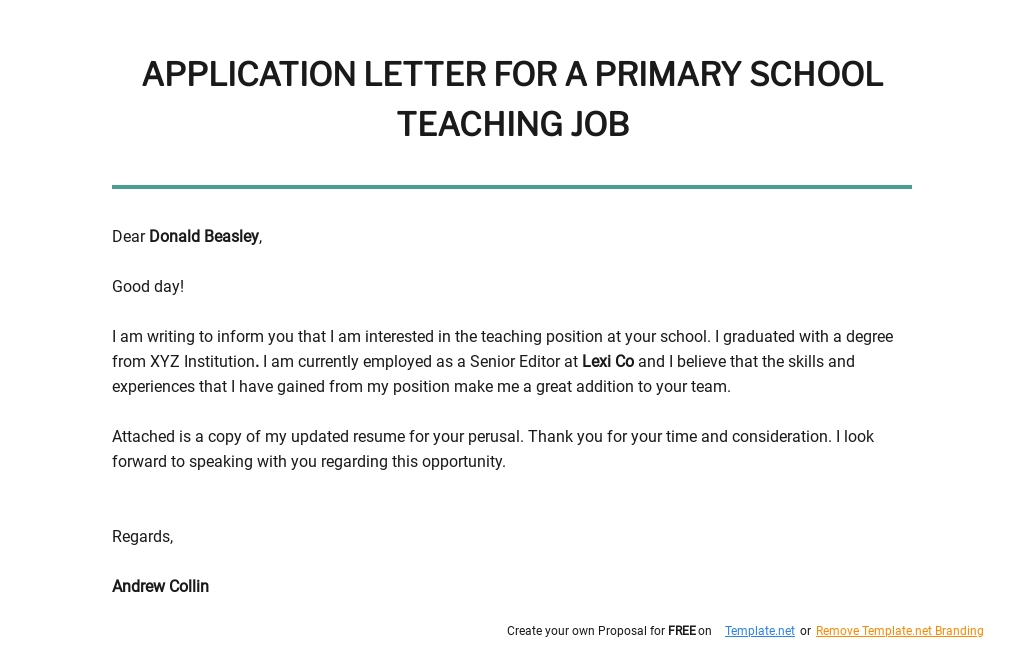 Application Letter for a Primary School Teaching Job Template - Google Docs, Word