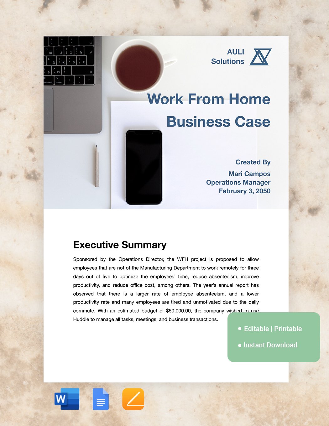 Work From Home Business Case Template