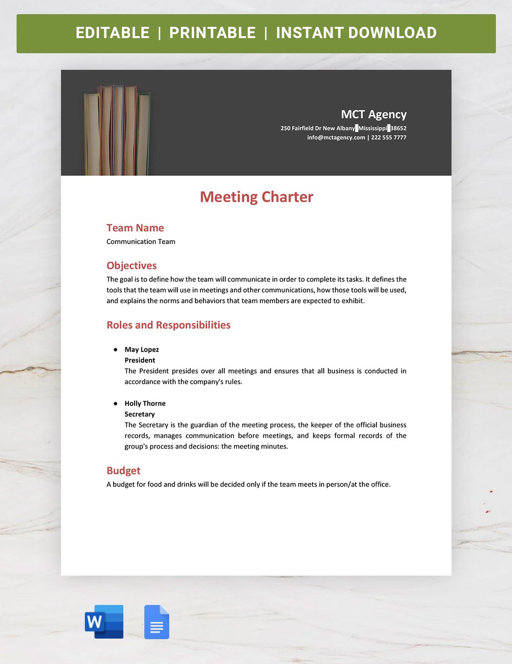 Meeting Charter Template in Word, Google Docs