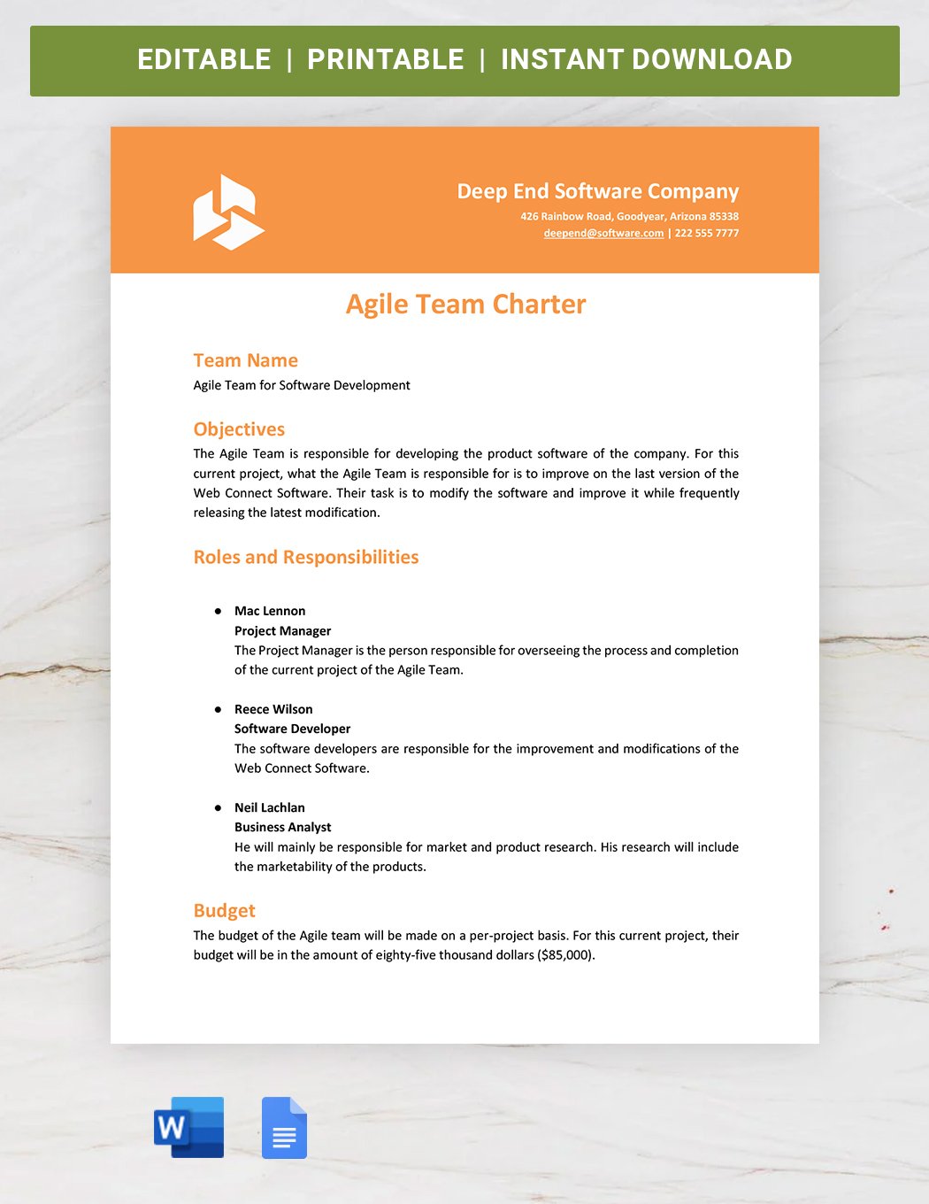 Free Agile Team Charter Template