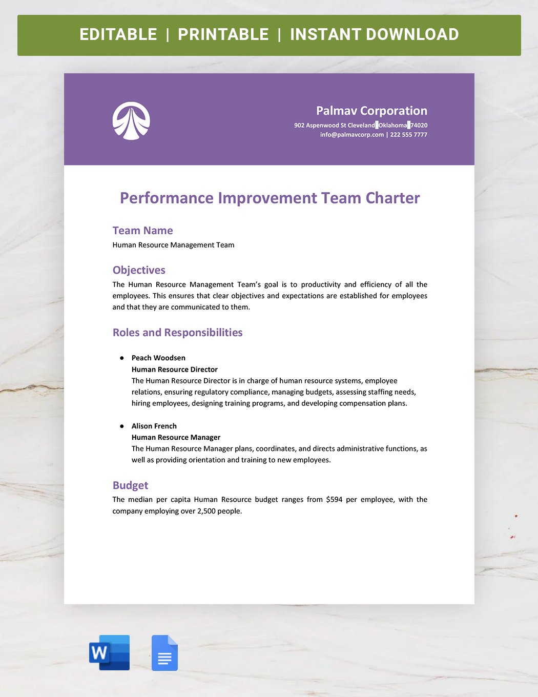 Performance Improvement Team Charter Template