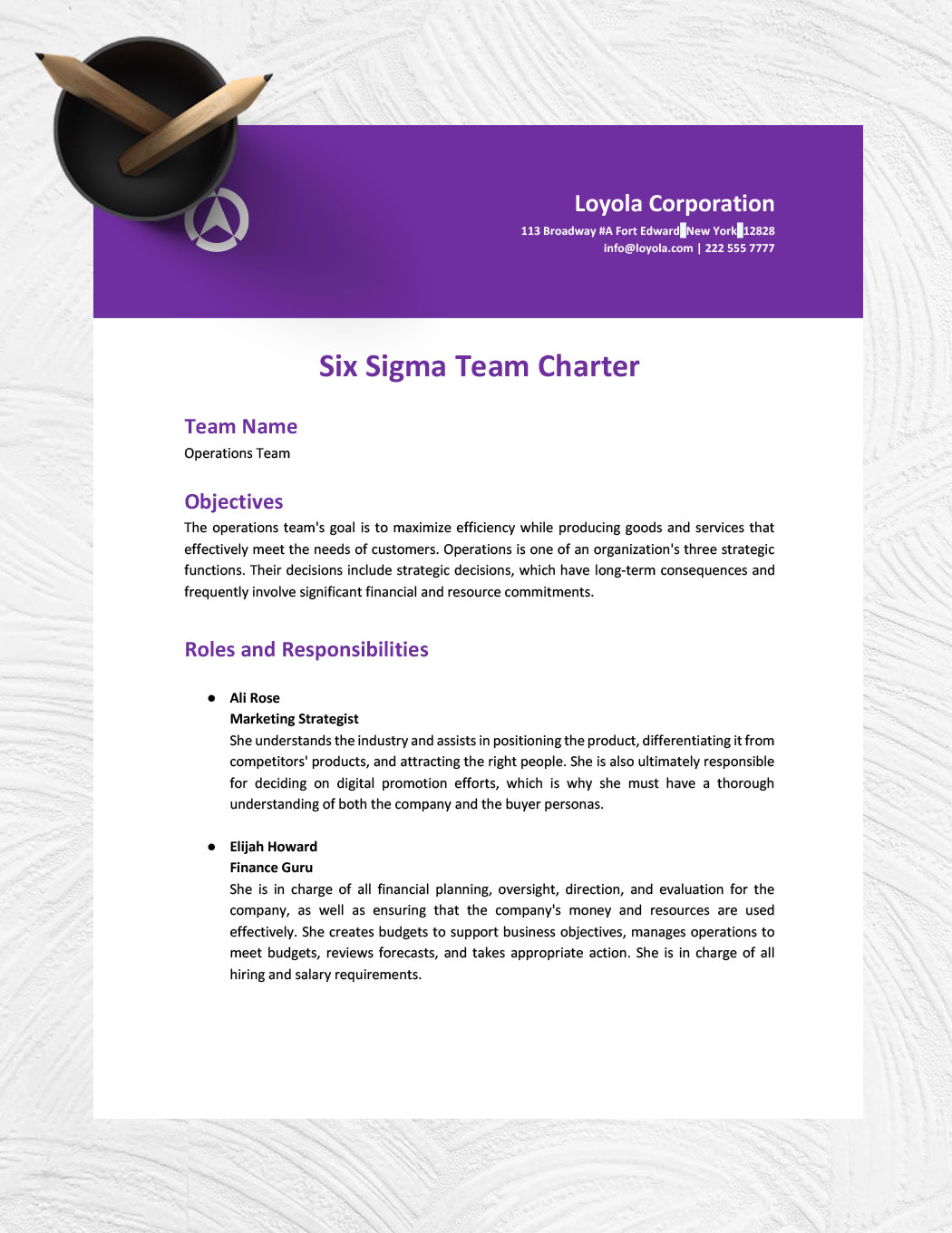 Six Sigma Team Charter Template