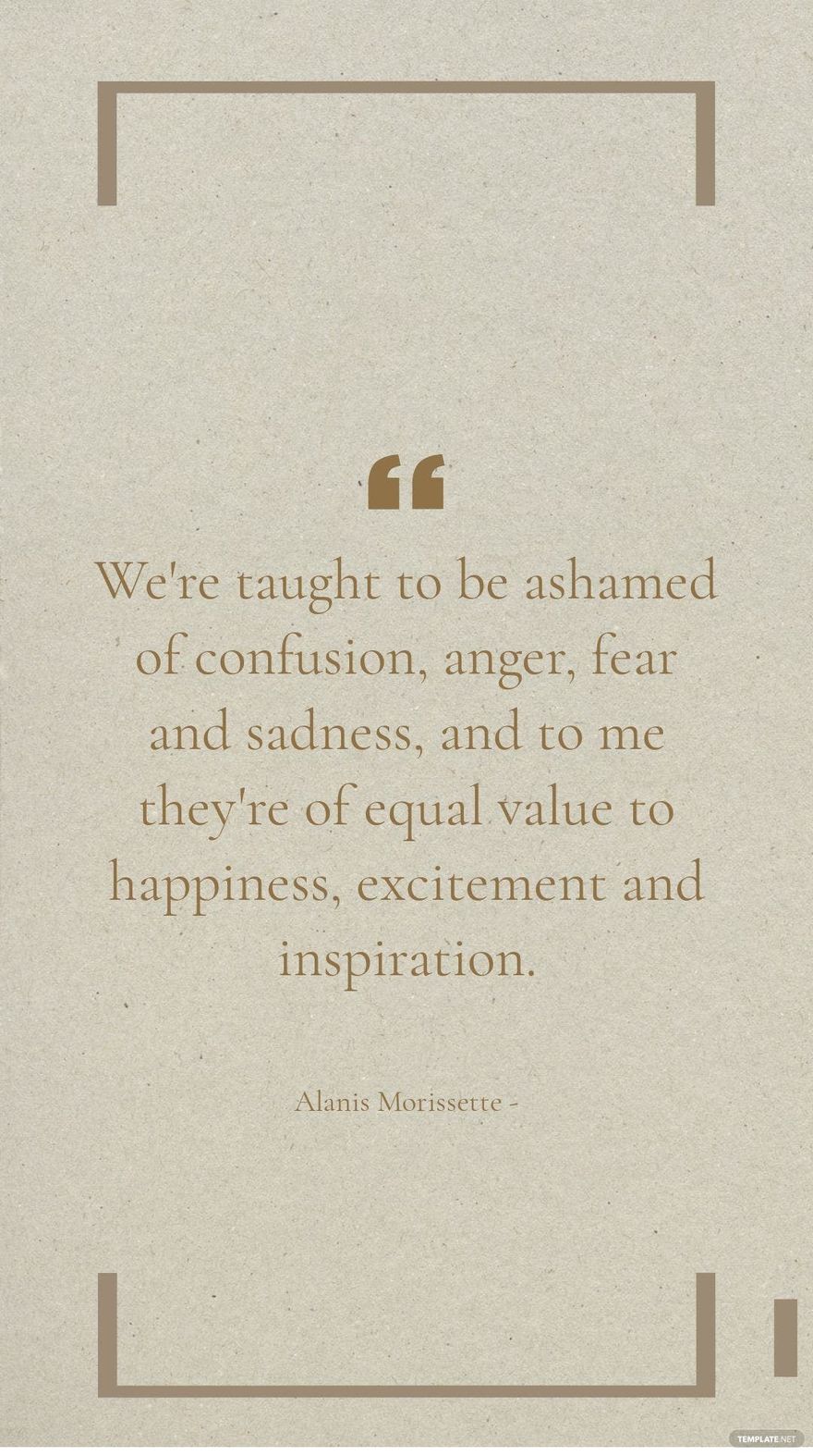 Alanis Morissette - We're taught to be ashamed of confusion, anger, fear and sadness, and to me they're of equal value to happiness, excitement and inspiration.