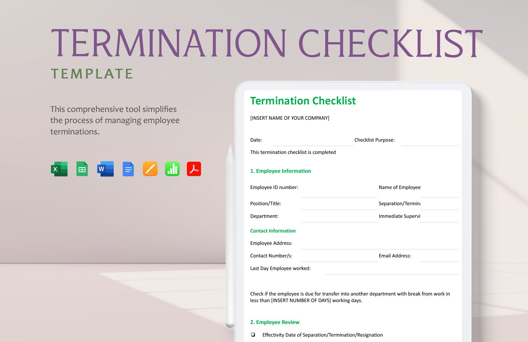 Termination Checklist Template in Word, Google Docs, Excel, PDF, Google Sheets, Apple Pages, Apple Numbers