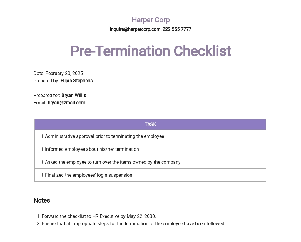 Sample Termination Checklist Template - Google Docs, Word, Apple Pages ...