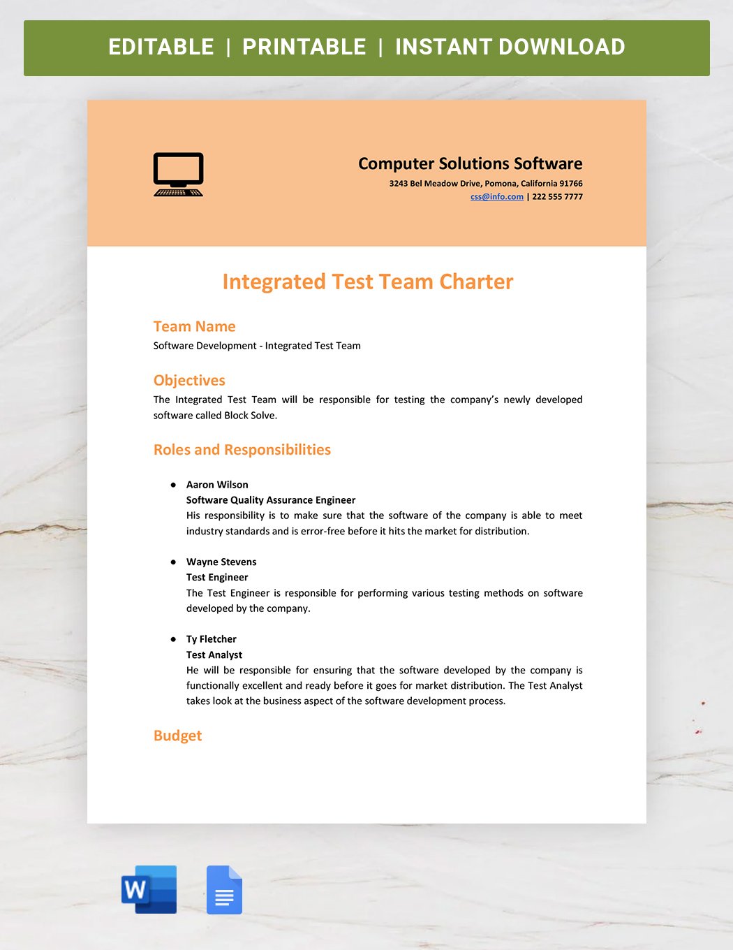 Integrated Test Team Charter Template