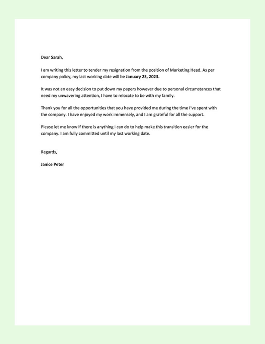 Resignation Letter Format Template