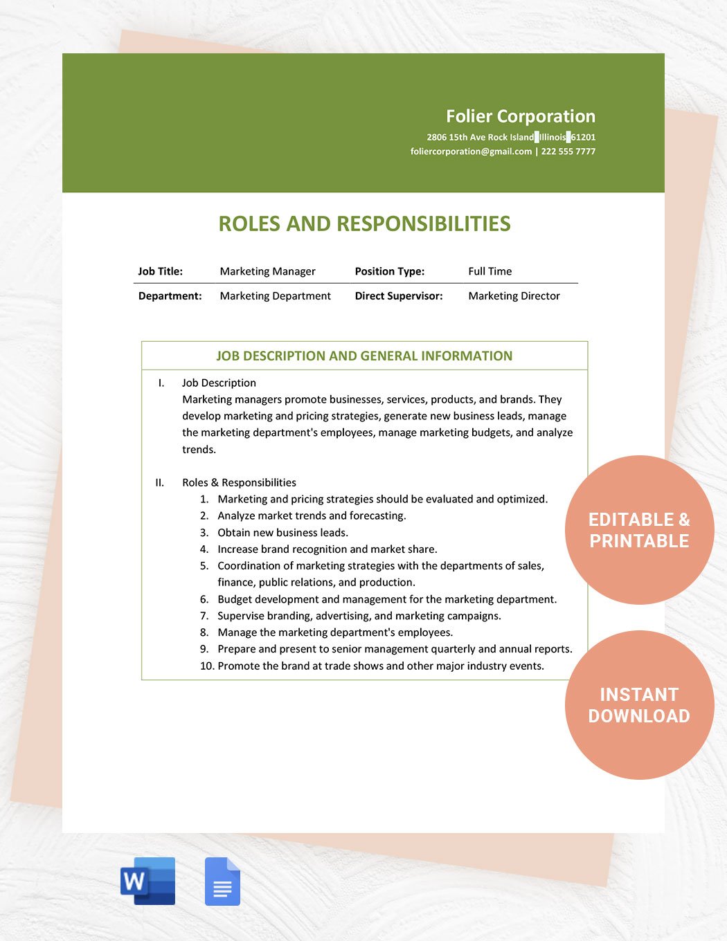 Employee Roles And Responsibilities Template in Word Google Docs