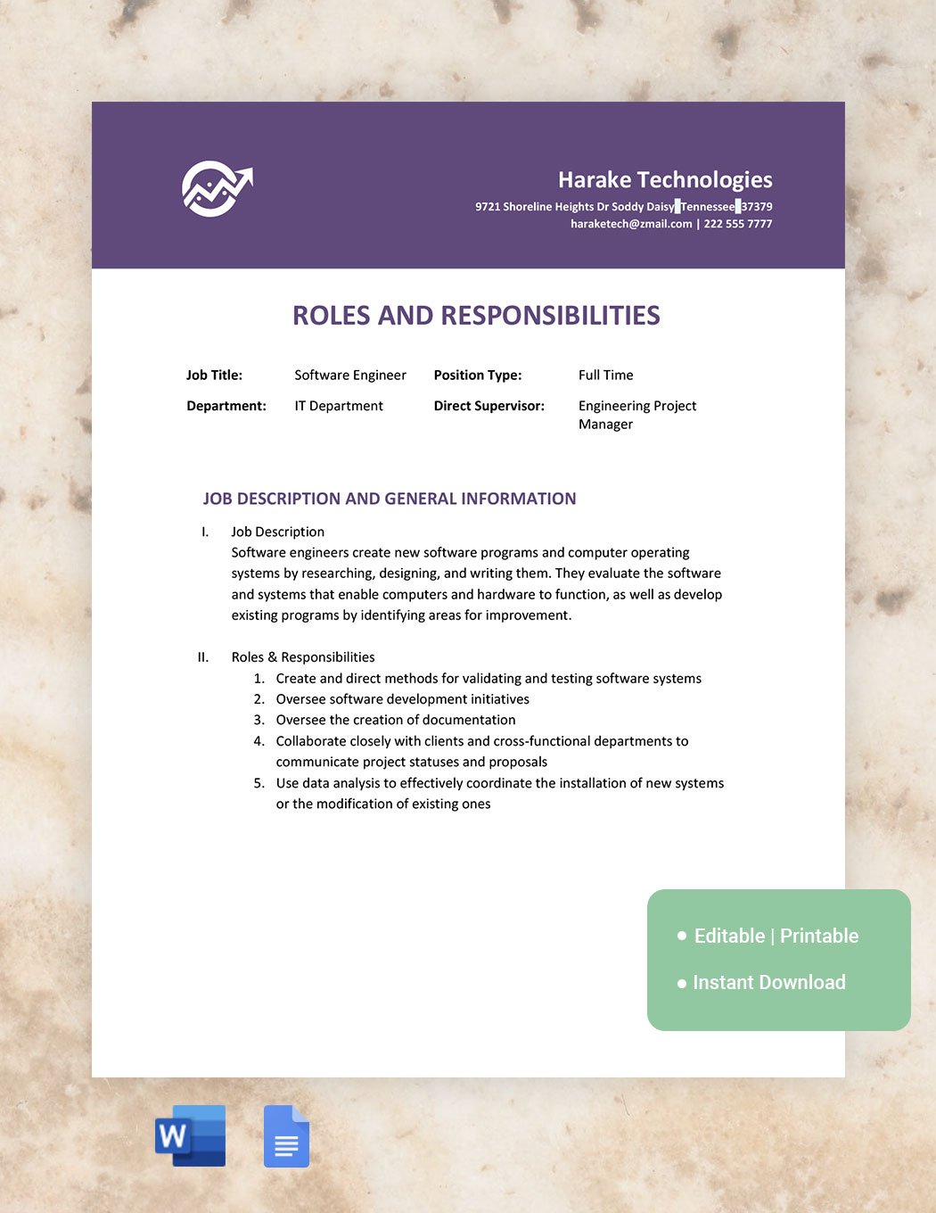 Software Engineer Roles And Responsibilities Template in Word, Google Docs