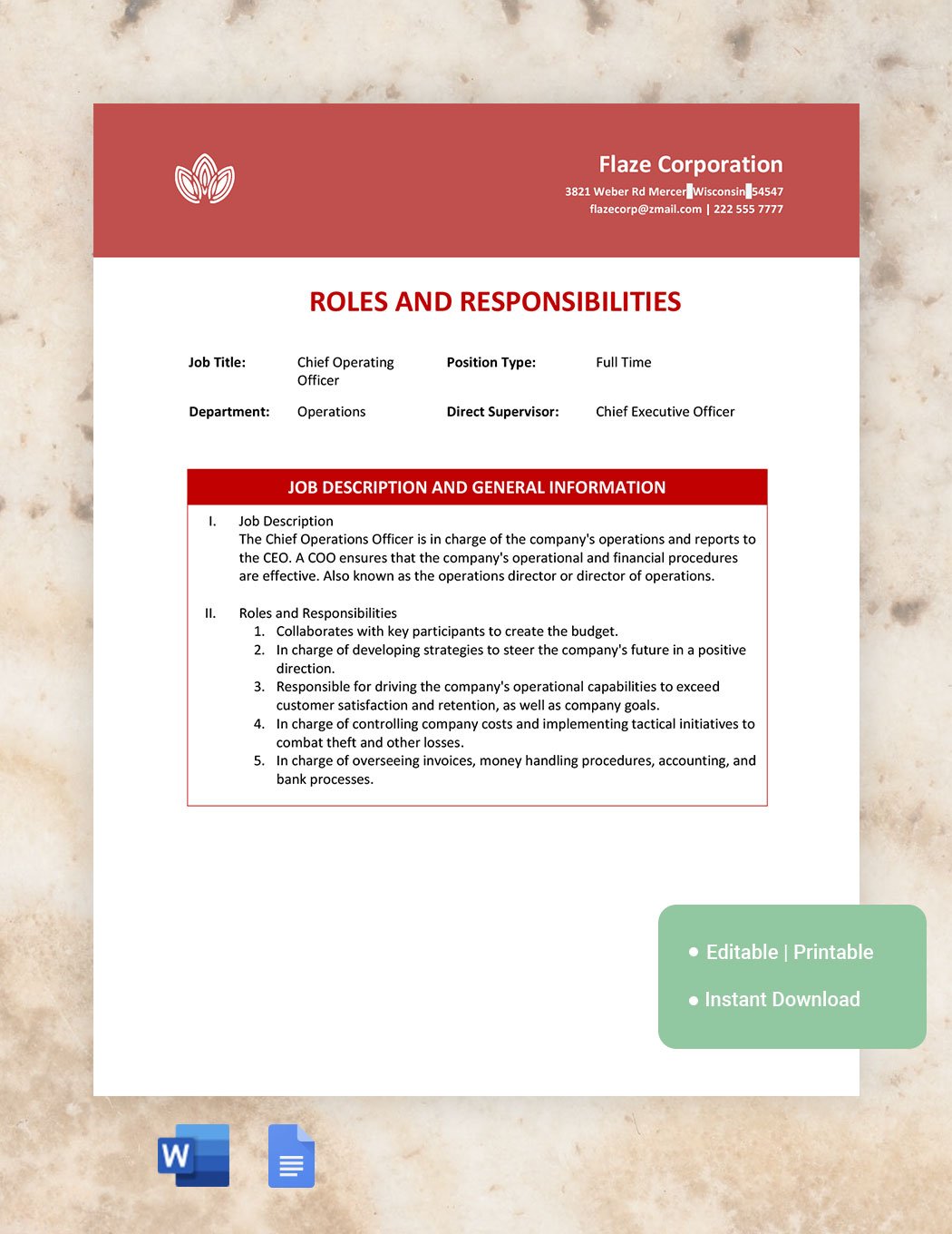 Company Roles And Responsibilities Template