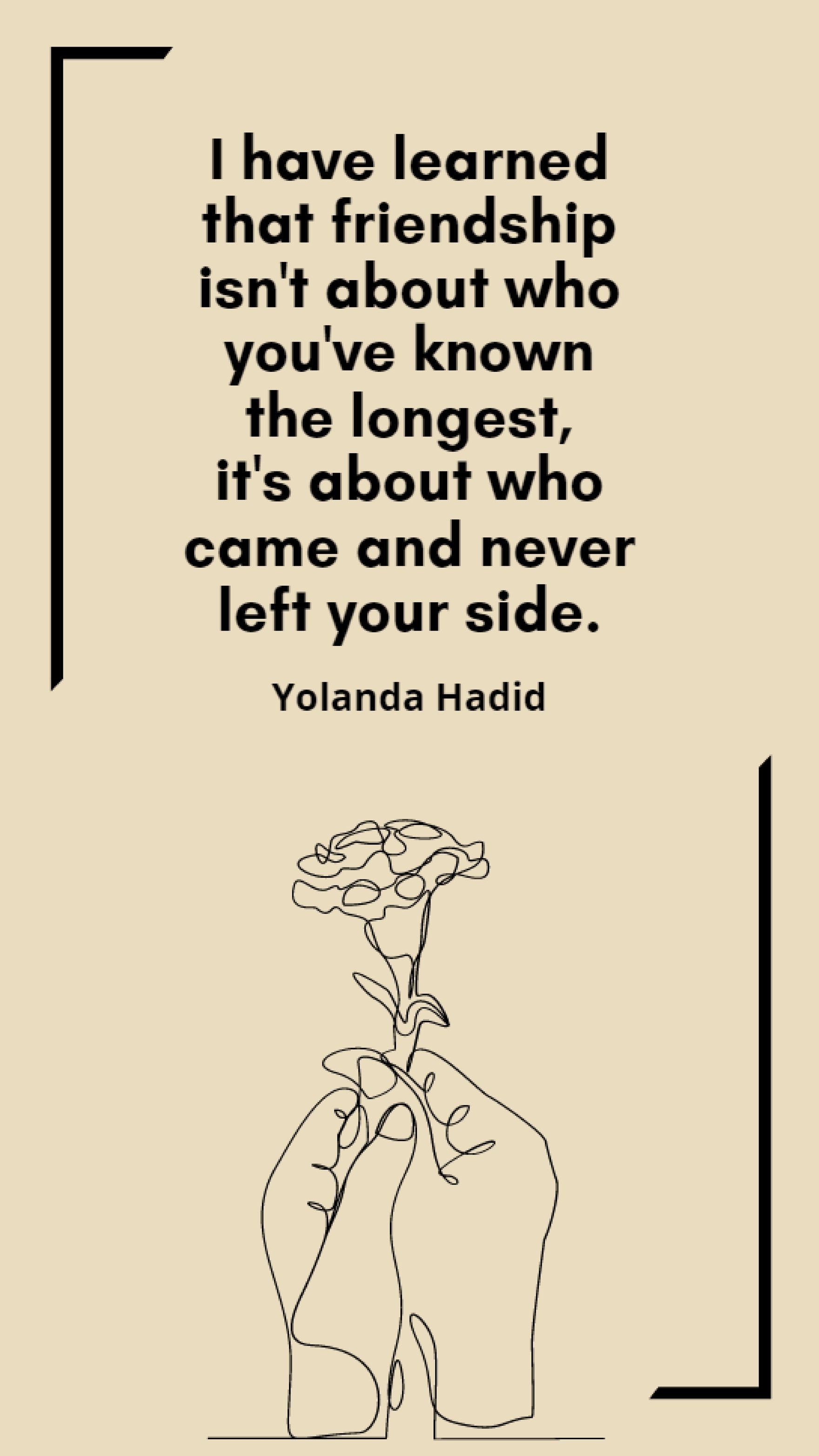 Yolanda Hadid - I have learned that friendship isn't about who you've known the longest, it's about who came and never left your side. Template