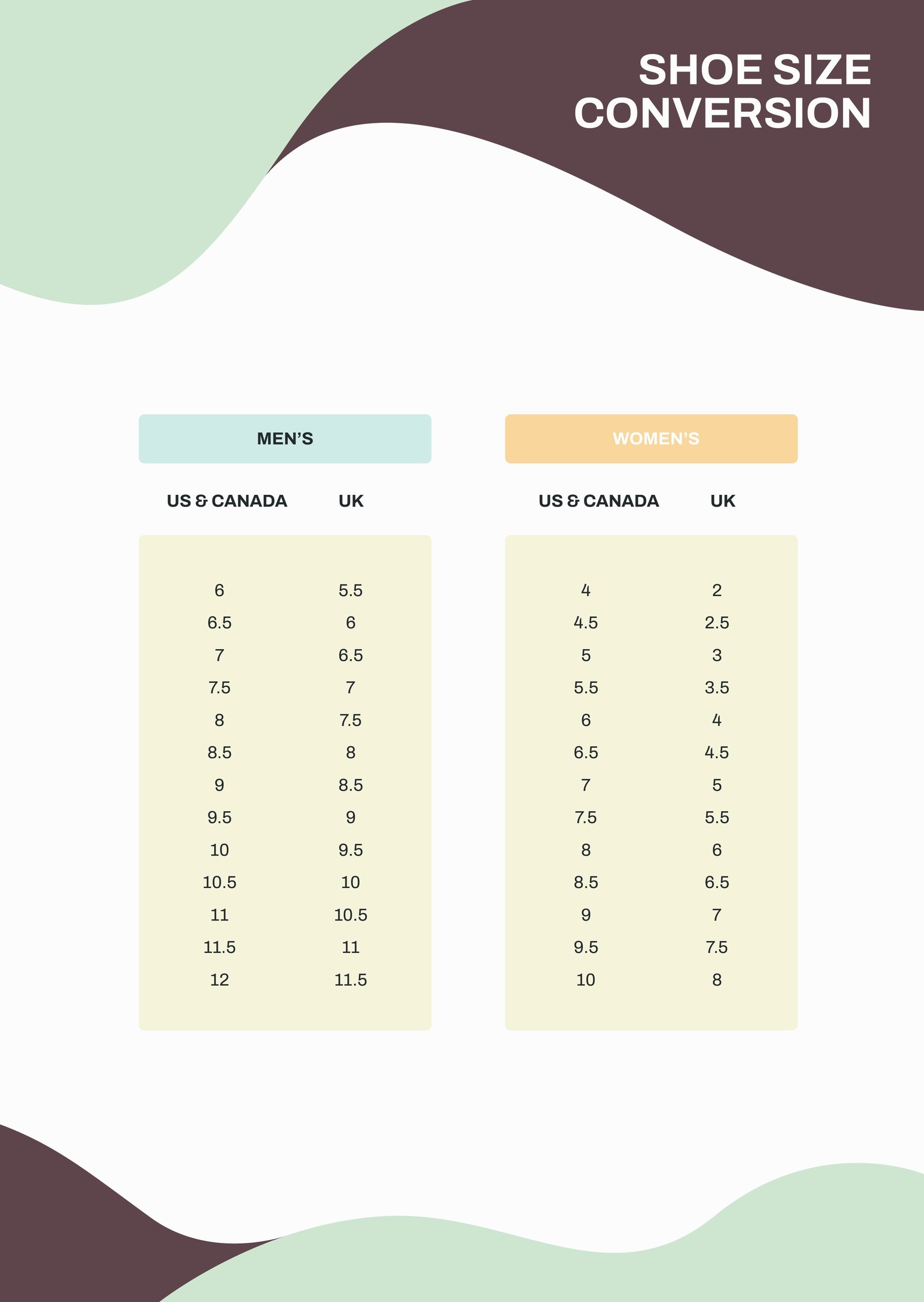 Free Shoe Size Conversion Chart in PDF