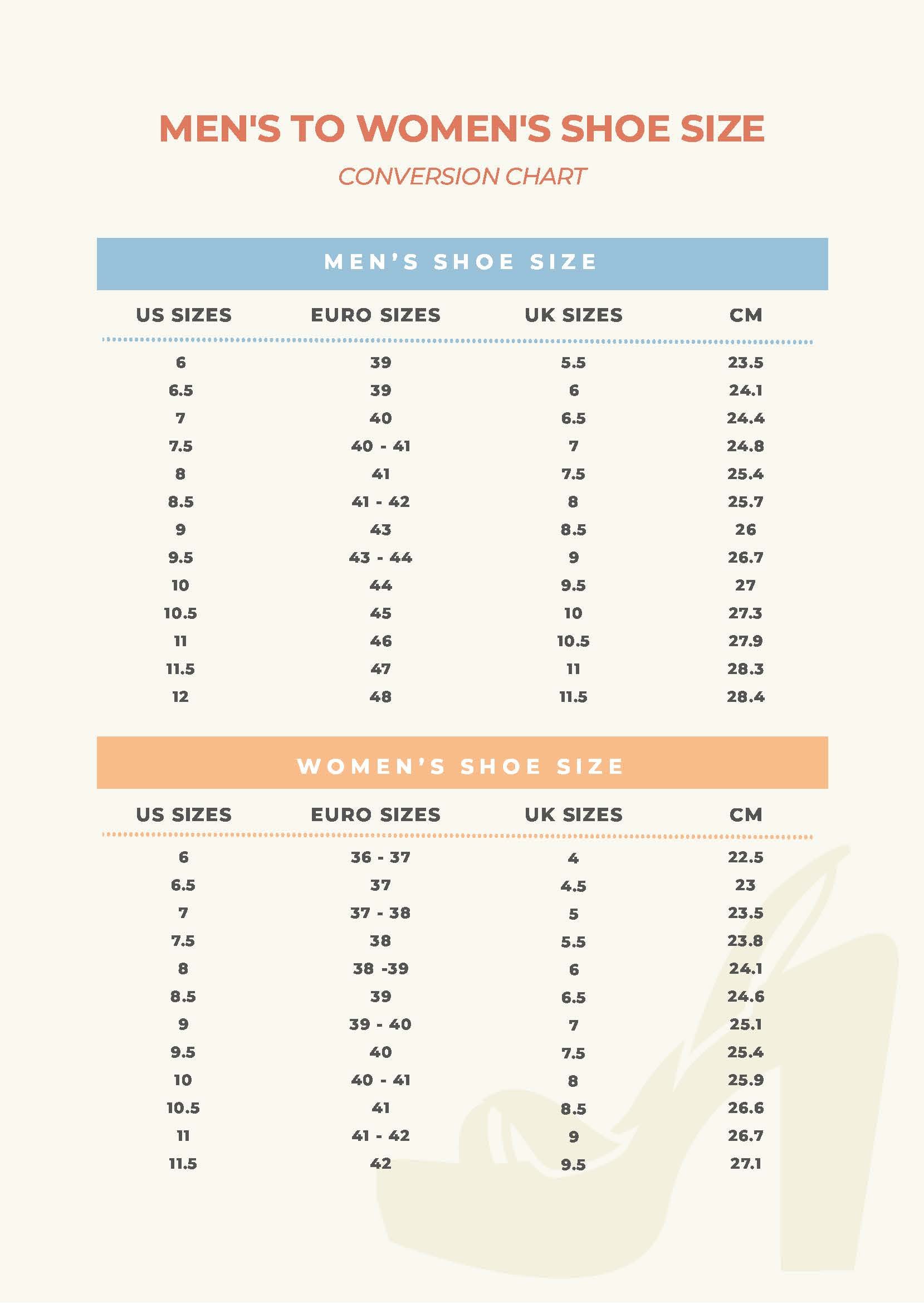 Men's To Women's Shoe Size Conversion Chart in PDF - Download