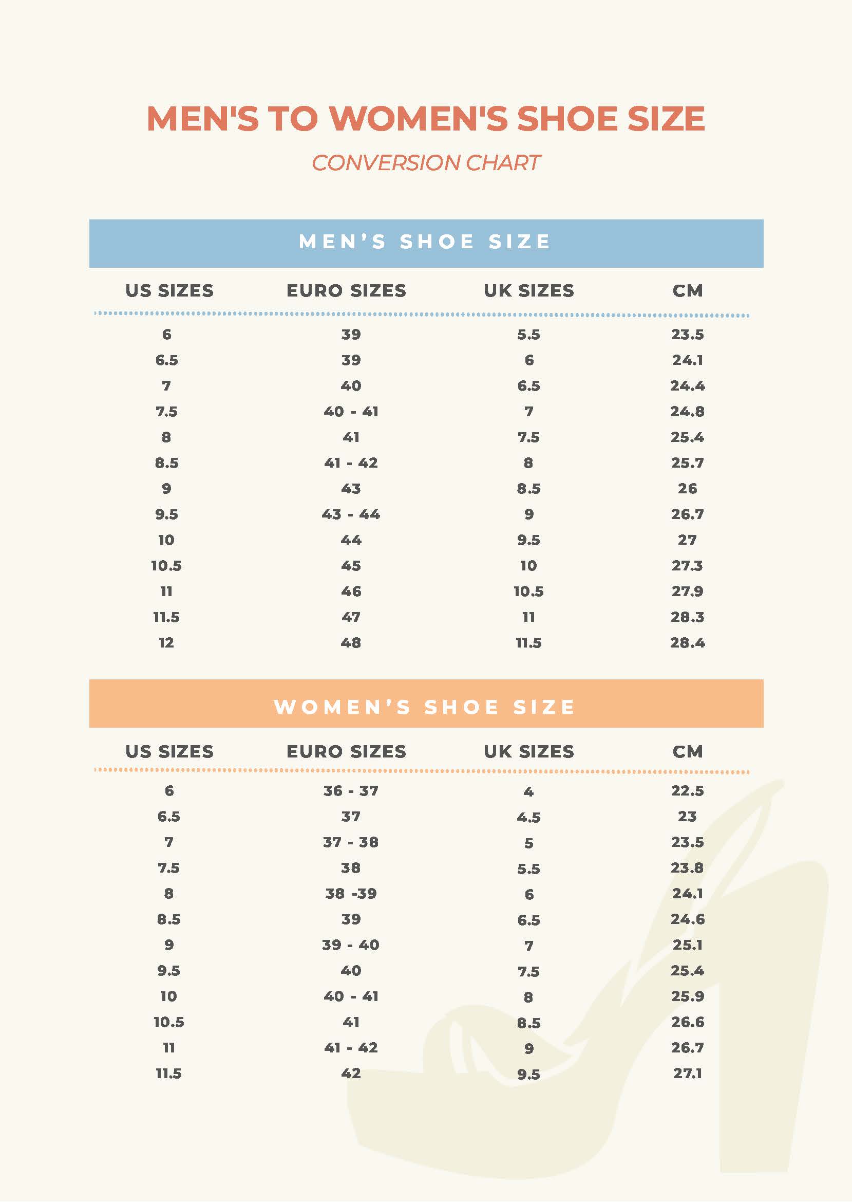 Men s To Women s Shoe Size Conversion Chart in PDF Download