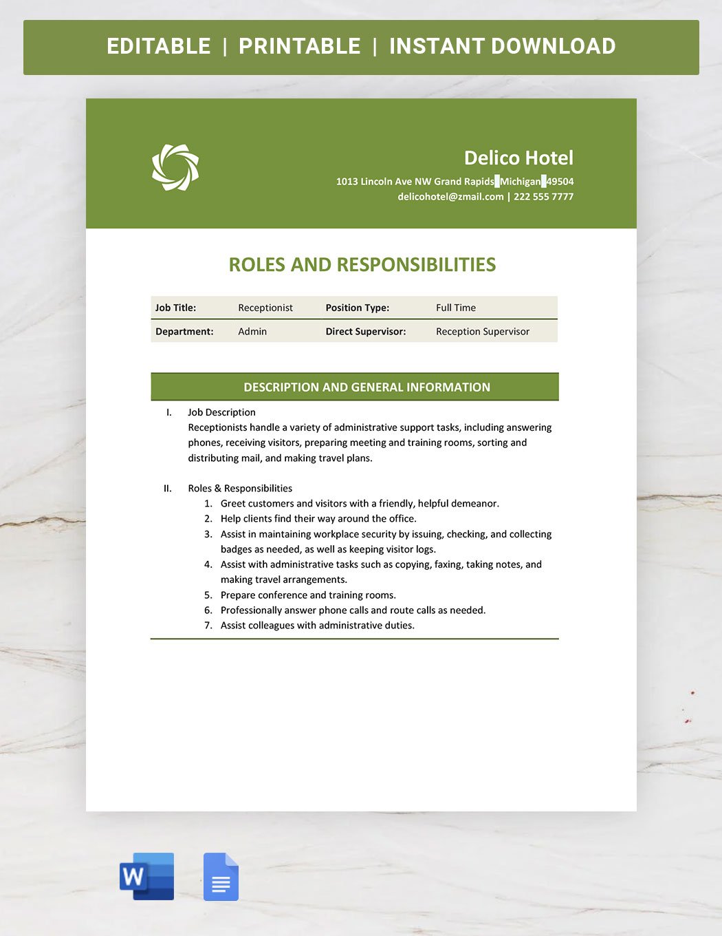 Business Roles And Responsibilities Template in Word, Google Docs
