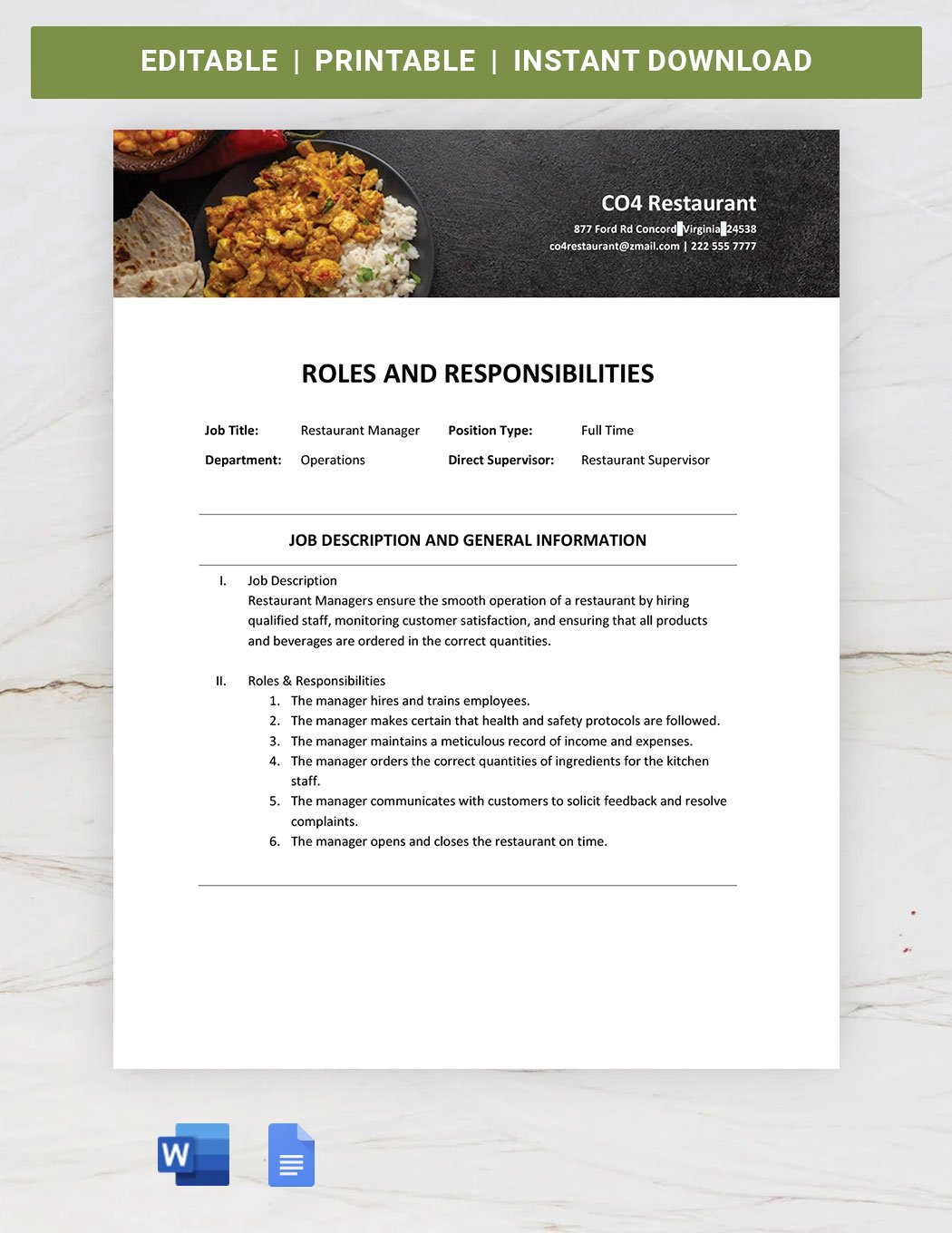 Manager Roles And Responsibilities Template