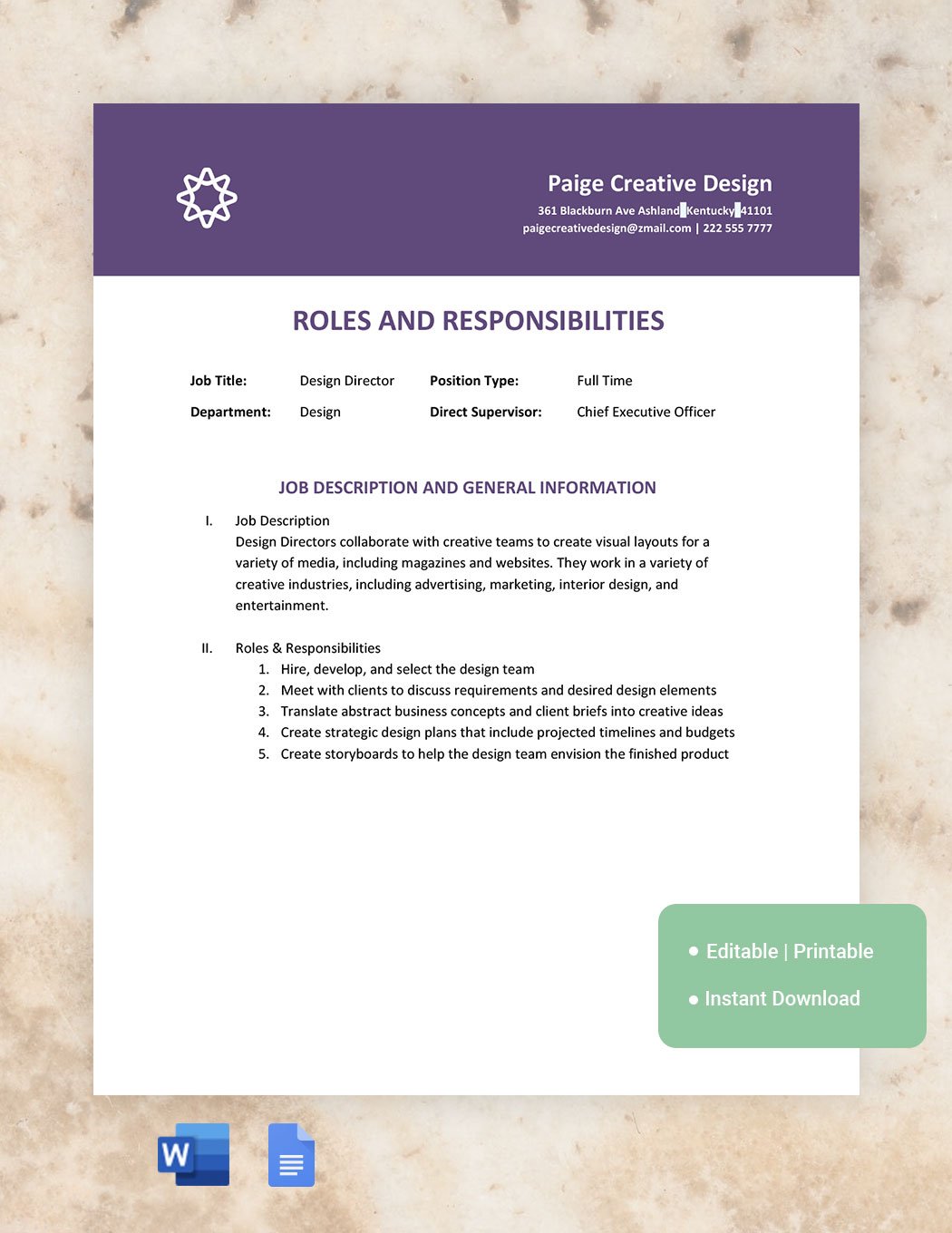 Design Roles And Responsibilities Template in Word, Google Docs