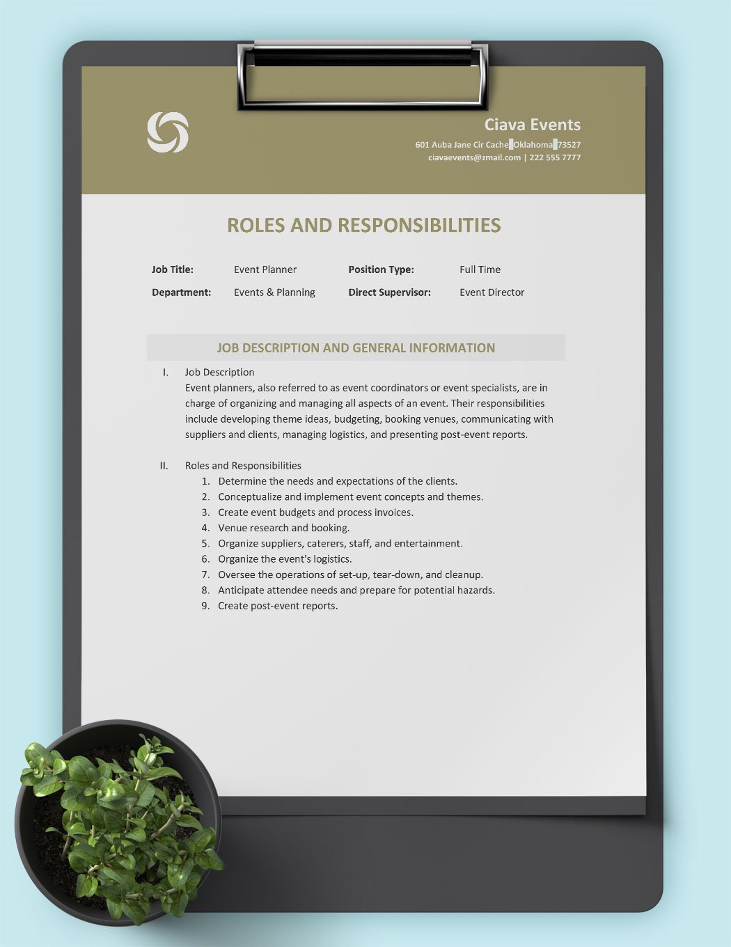 Event Roles And Responsibilities Template