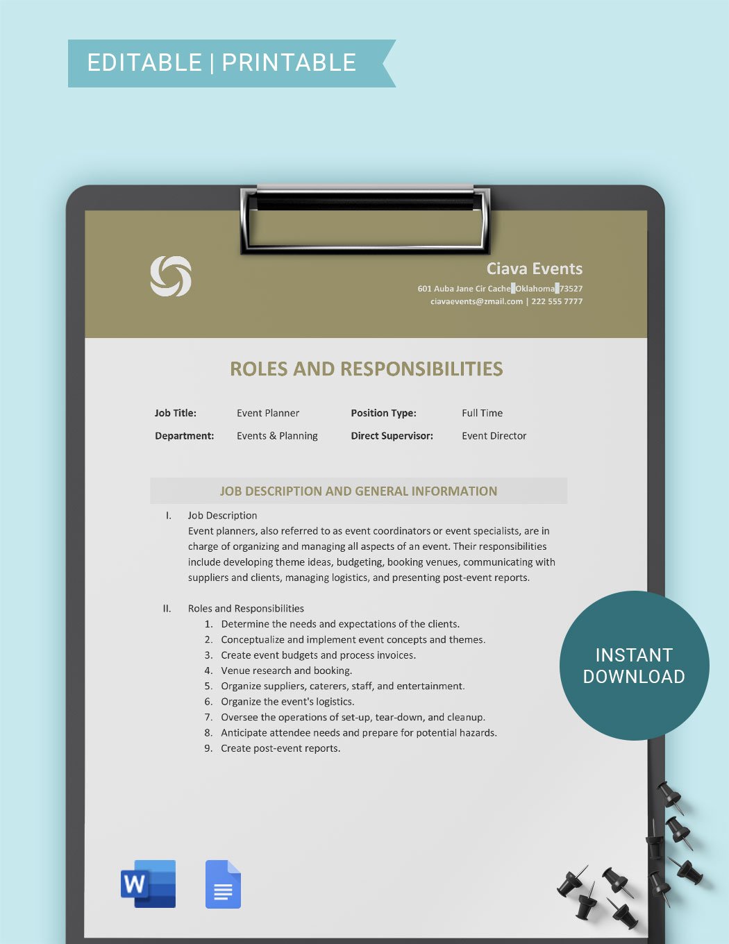 Event Roles And Responsibilities Template in Word, Google Docs