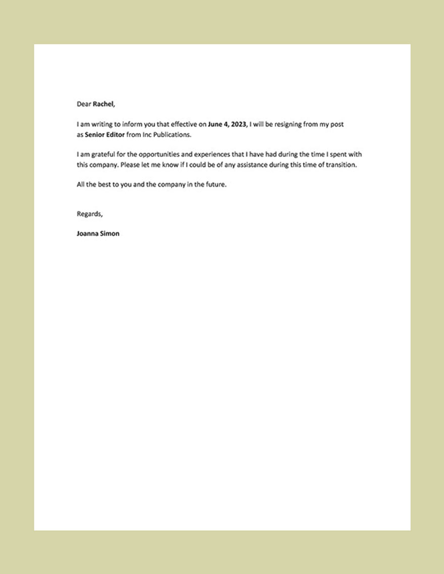 Short Notice Easy Resignation Letter Sample 177522   880 