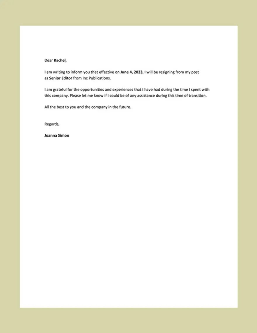 Free Short Resignation Letter - Google Docs, Word, PDF | Template.net