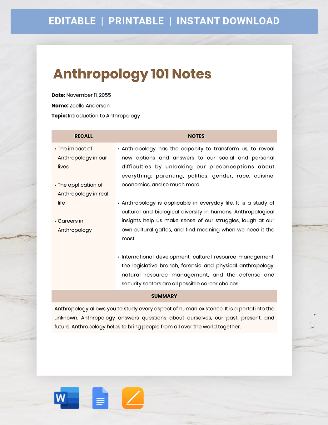 Cornell Note Taking Template