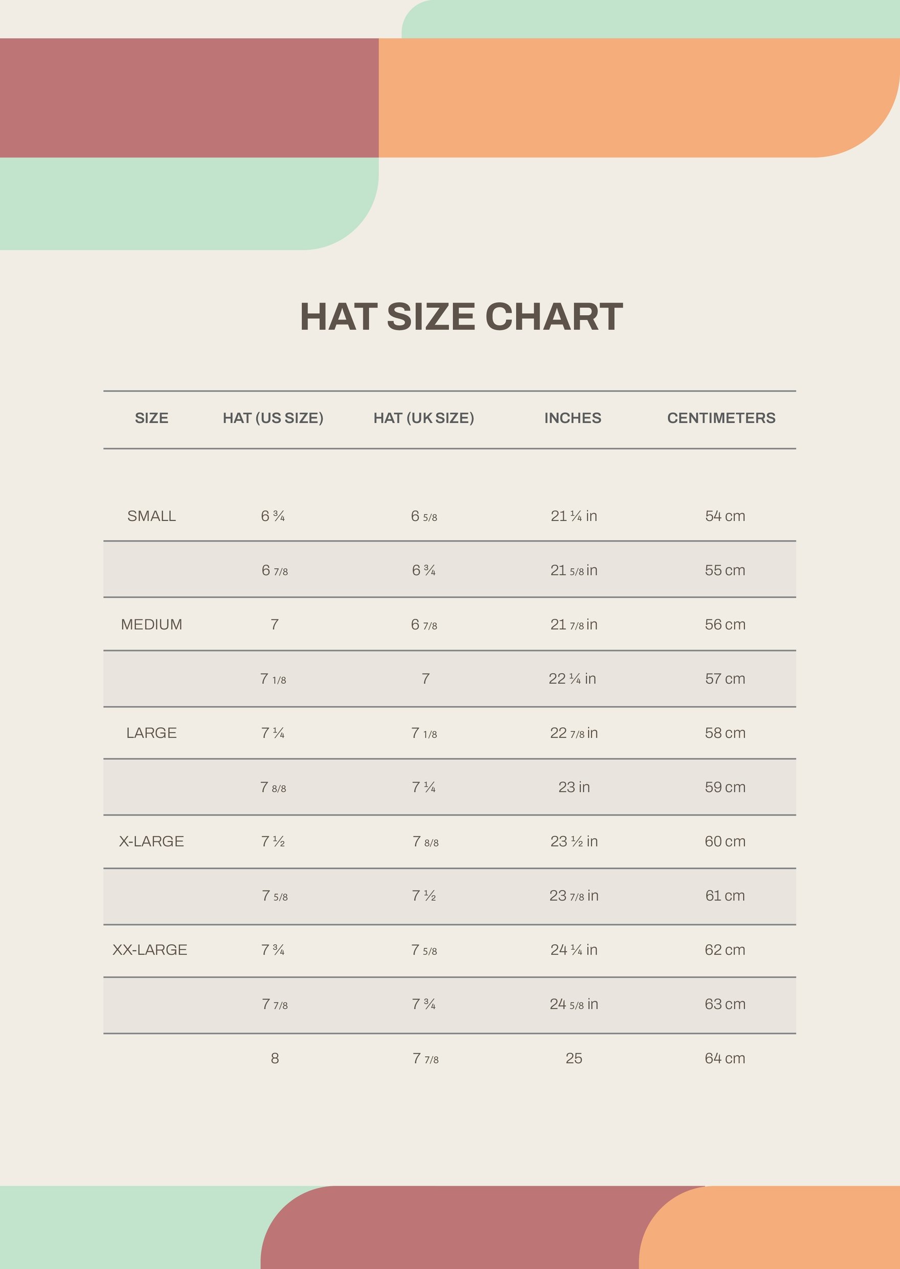 Free Adult Hat Size Chart - Download in PDF