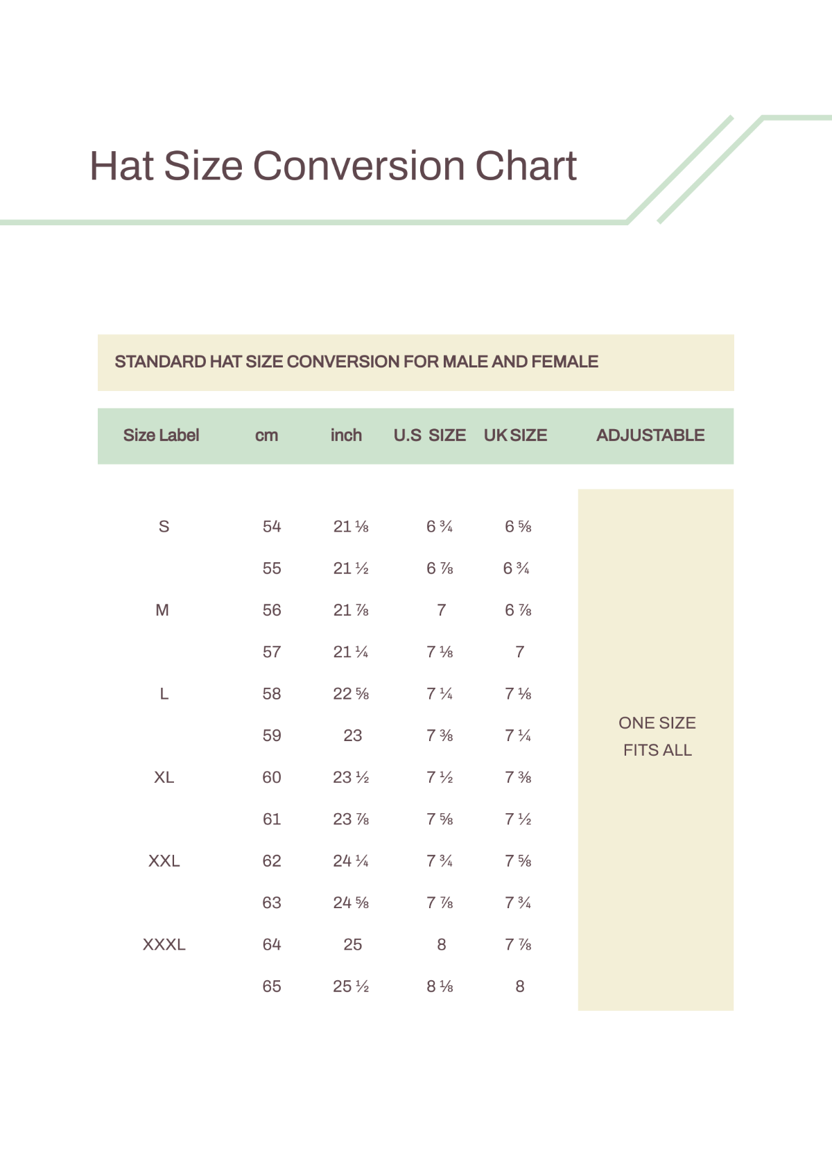 Hat Size Conversion Chart Template