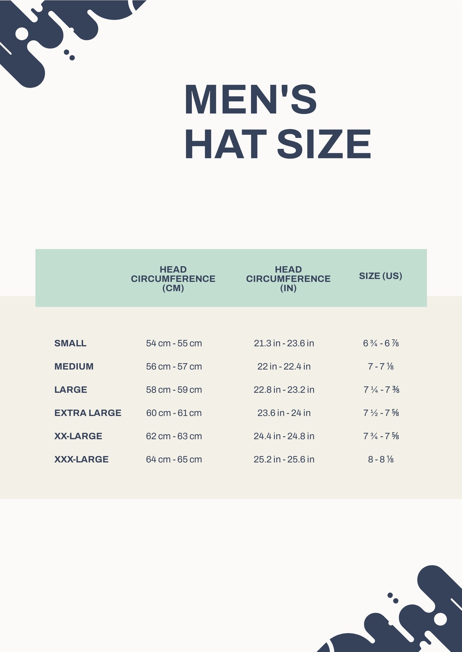 Mens Hat Size Chart in PDF