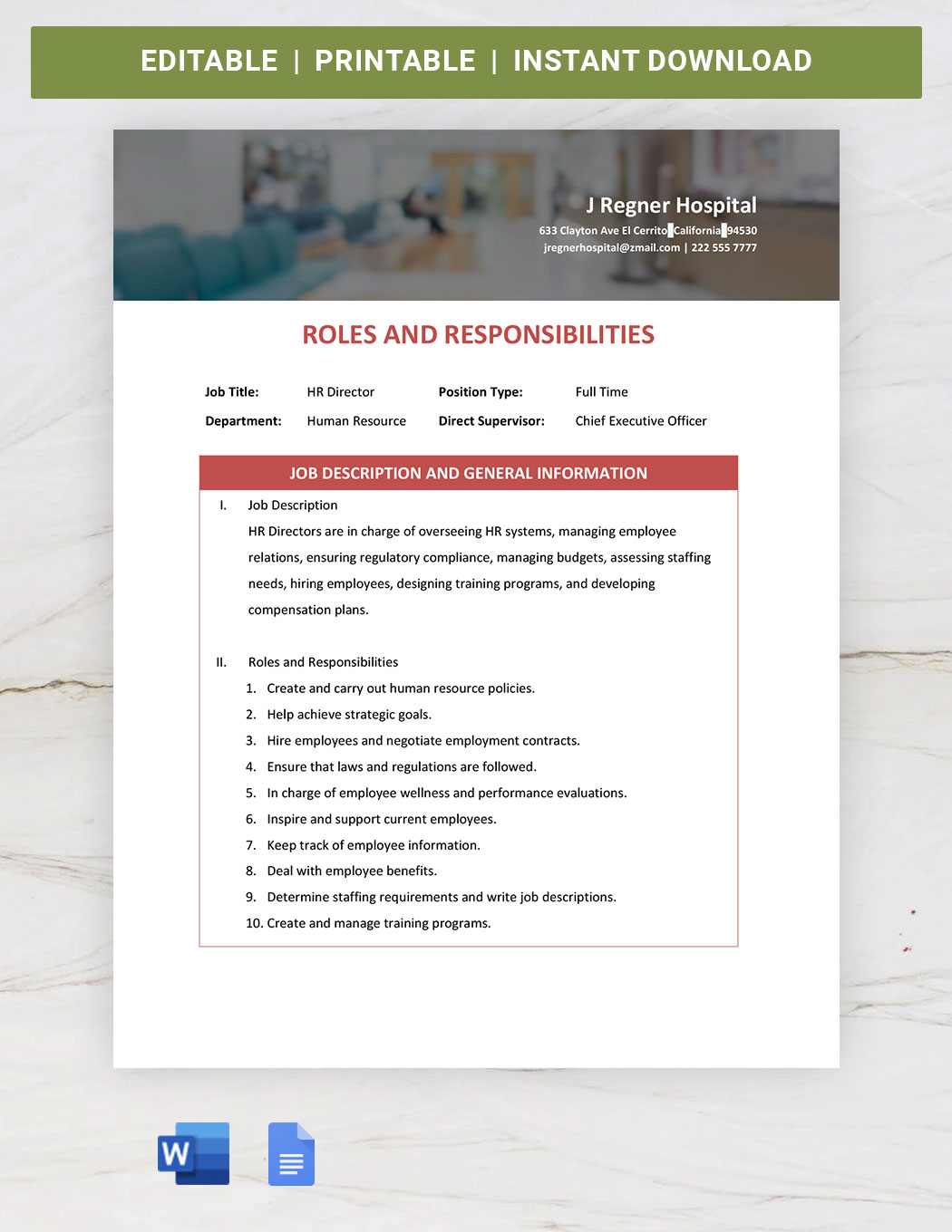 Hr Roles And Responsibilities Template