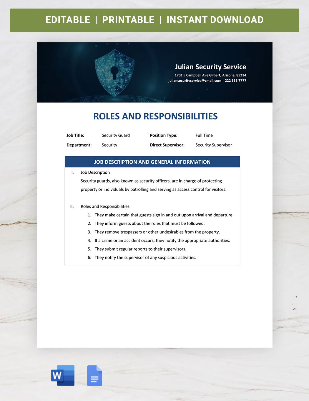 Security Roles And Responsibilities Template in Word, Google Docs