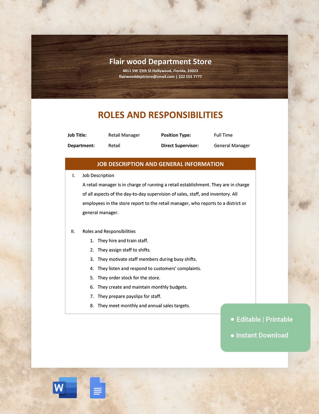 Job Roles And Responsibilities Template