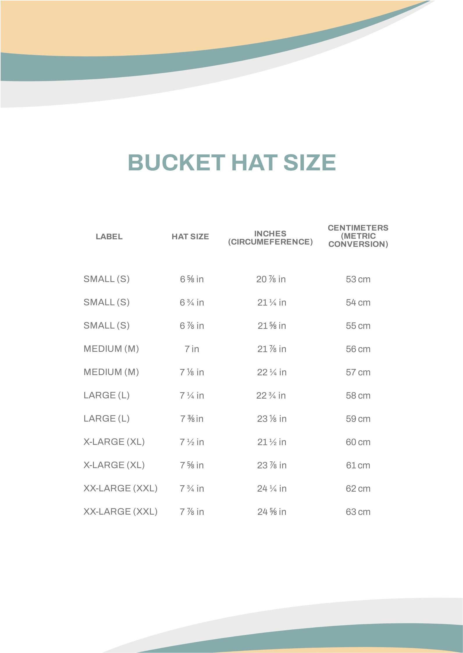 Bucket Hat Size Chart in PDF