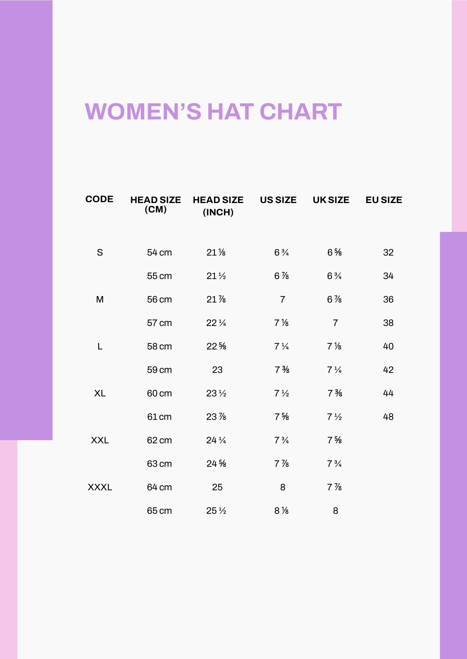 Free Women's Hat Size Chart in PDF