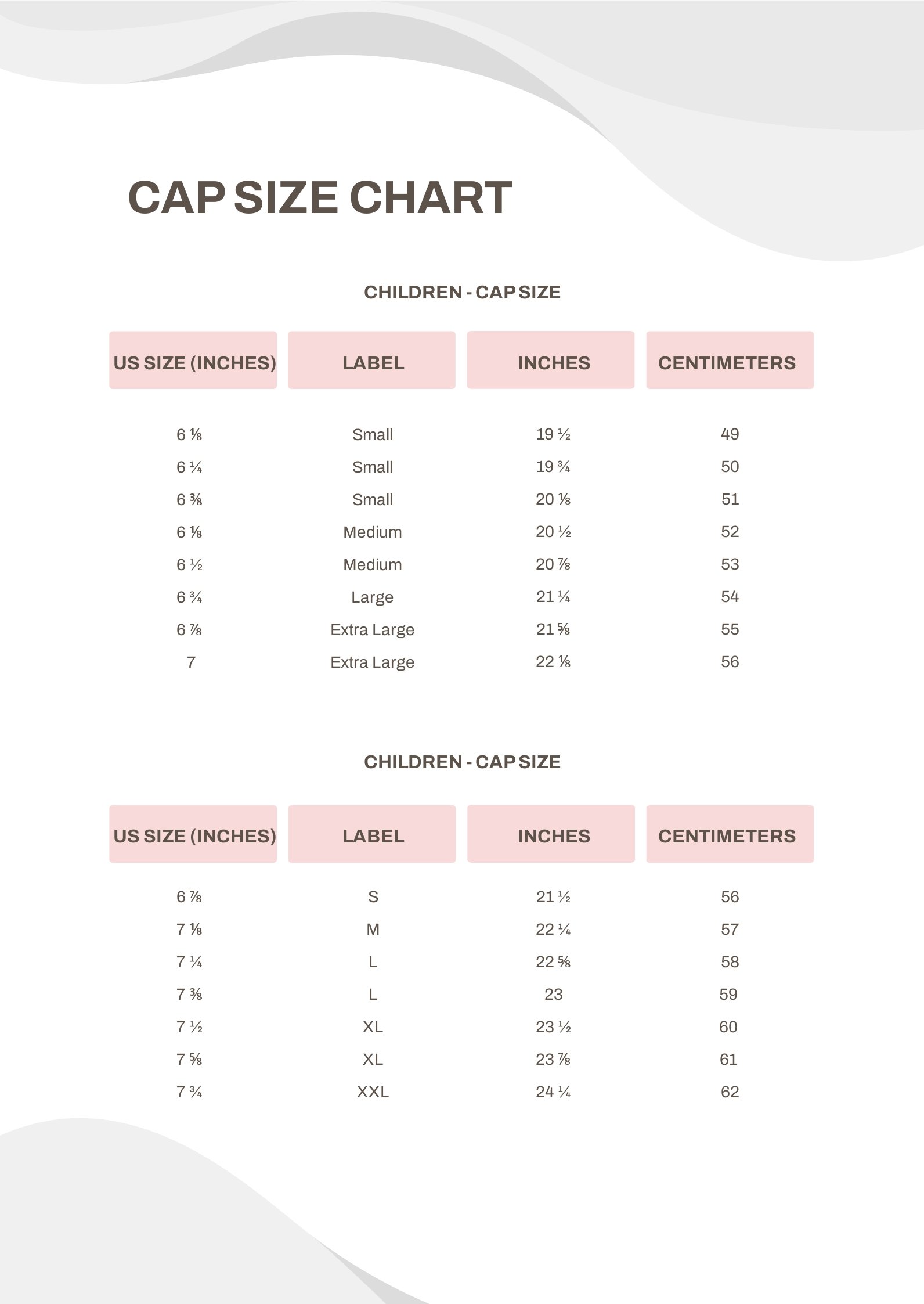 Cap Size Chart in PDF